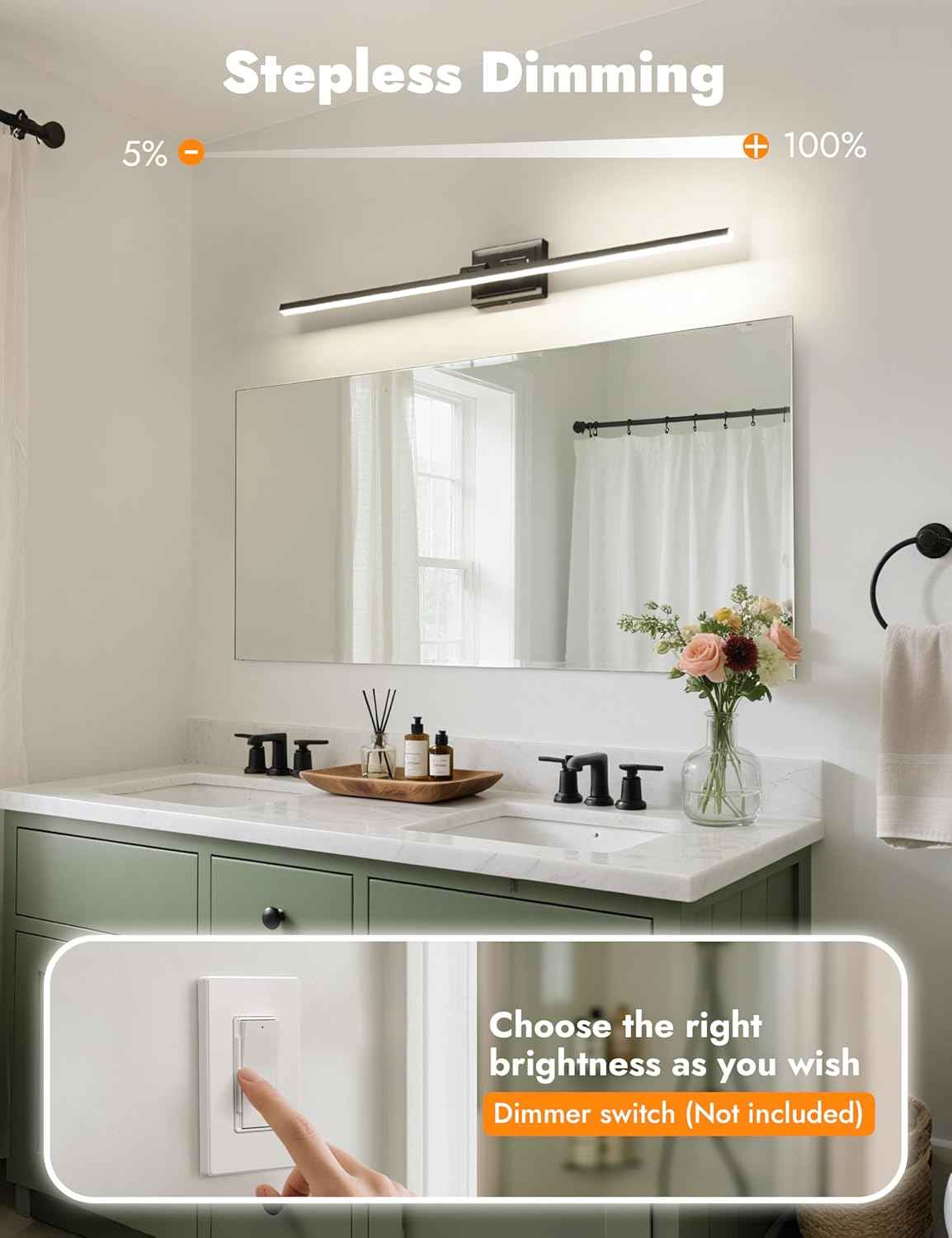 NIORSUN 24-Inch Dimmable LED Bathroom Vanity Light Fixture - Modern Black Over Mirror Lighting, 5CCT, ETL Certified