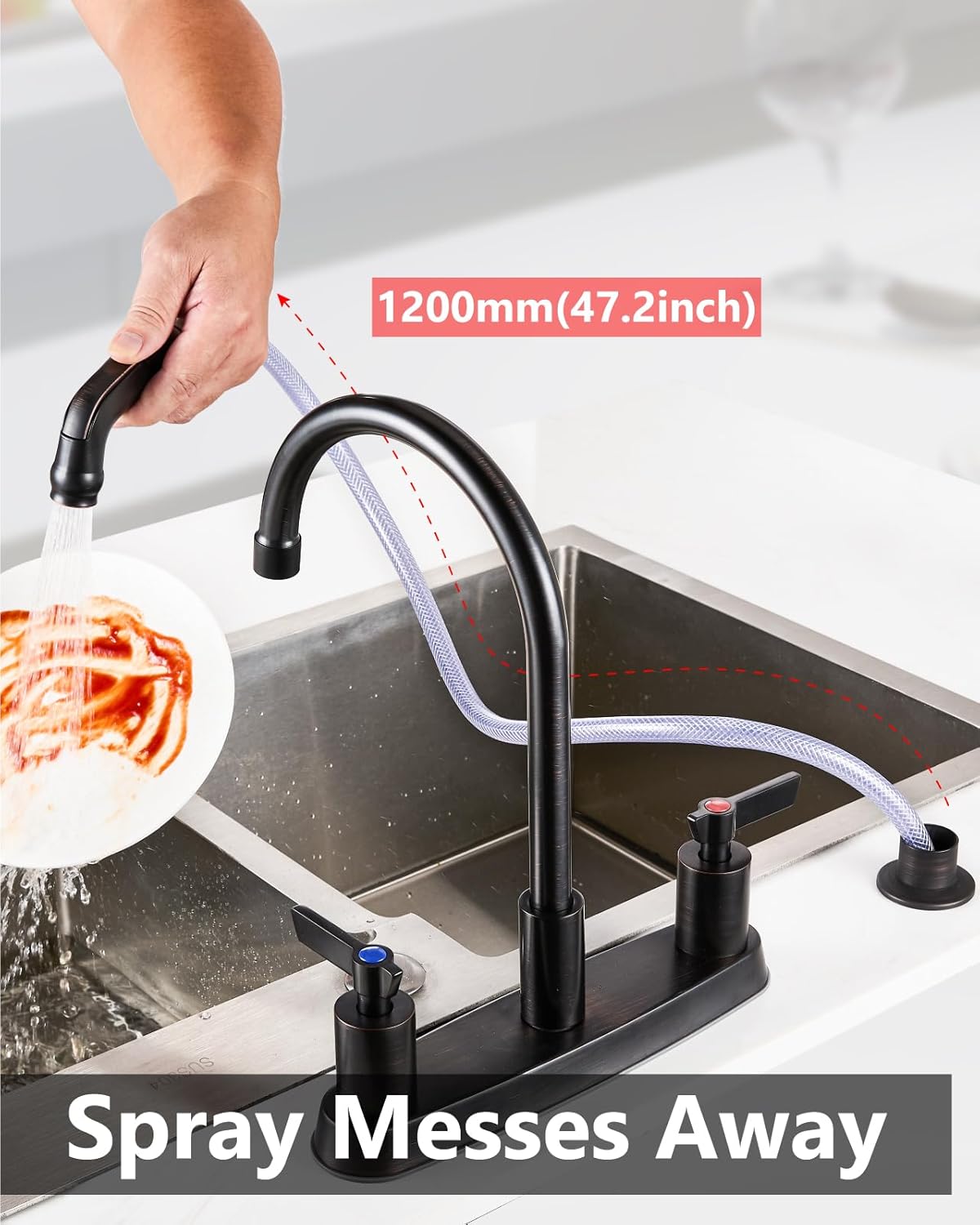 Brushed Nickel Kitchen Faucet with Sprayer - 2 Handle 8-Inch Centerset 3 Hole