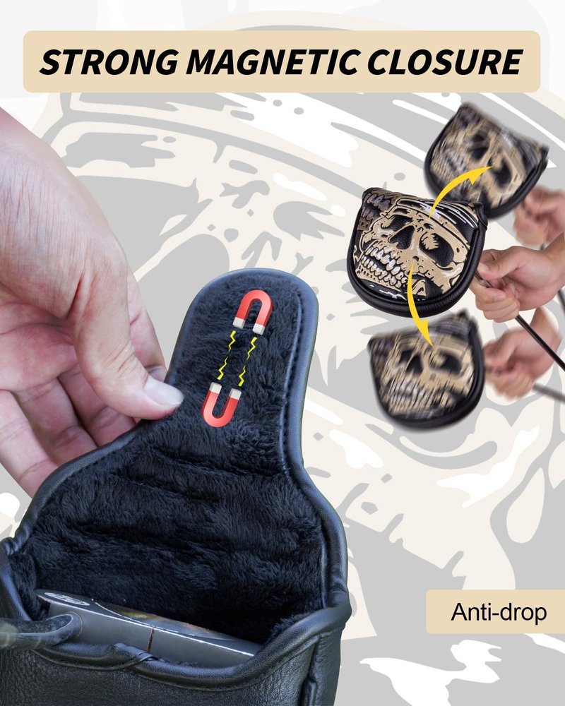 Skull Skeleton Mallet Putter Cover, Golf Club Covers with Magnetic Closure, Premium PU Leather and Advanced Embroidery with Velour Lined Golf Head Covers for Most Brands - Golden Black