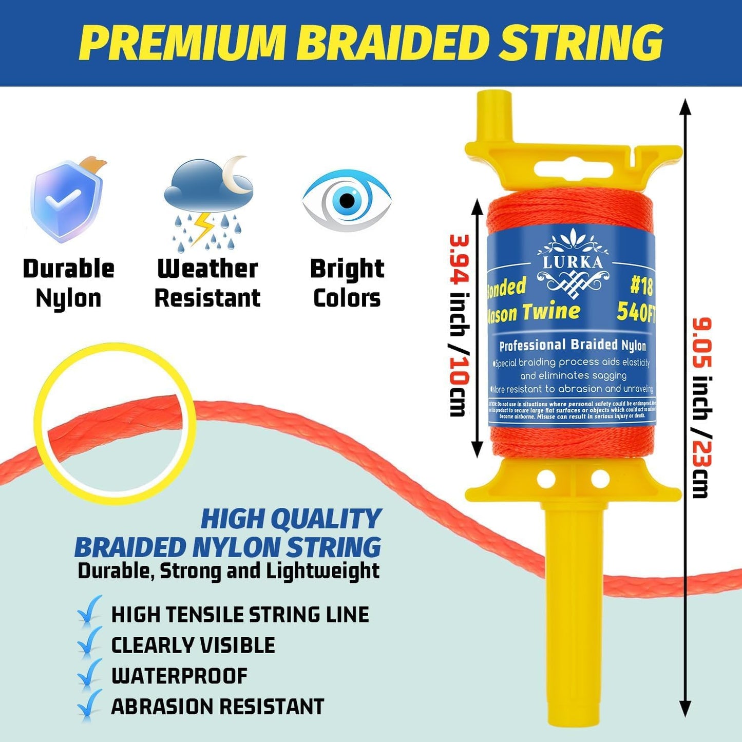 LURKA Mason Line String,#18 540 Feet 8 Braided Construction Nylon Line with Spool Fluorescent Orange String Line for Precision Work, DIY, and Gardening Projects (Fluorescent Orange)