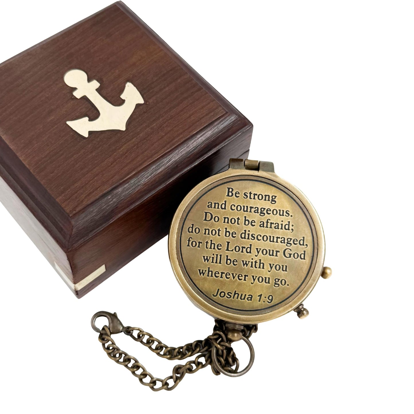 Be Strong and Courageous Compass – Antique Nautical Magnetic Compass with Engraved Scripture Quote – Baptism Gift with Wooden Box for Son, Father, Husband, Loved One