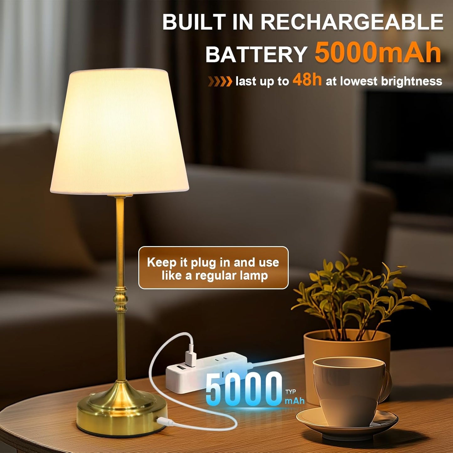 Rechargeable Cordless Touch Table Lamp - 5000mAh Battery, 3-Level Dimmable, Portable Brass Night Light for Home & Patio