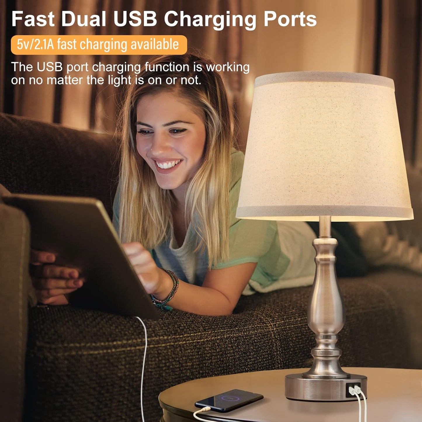 Touch Bedside Table Lamps Set of 2 with USB C+A Ports - 3-Way Dimmable Linen Shade