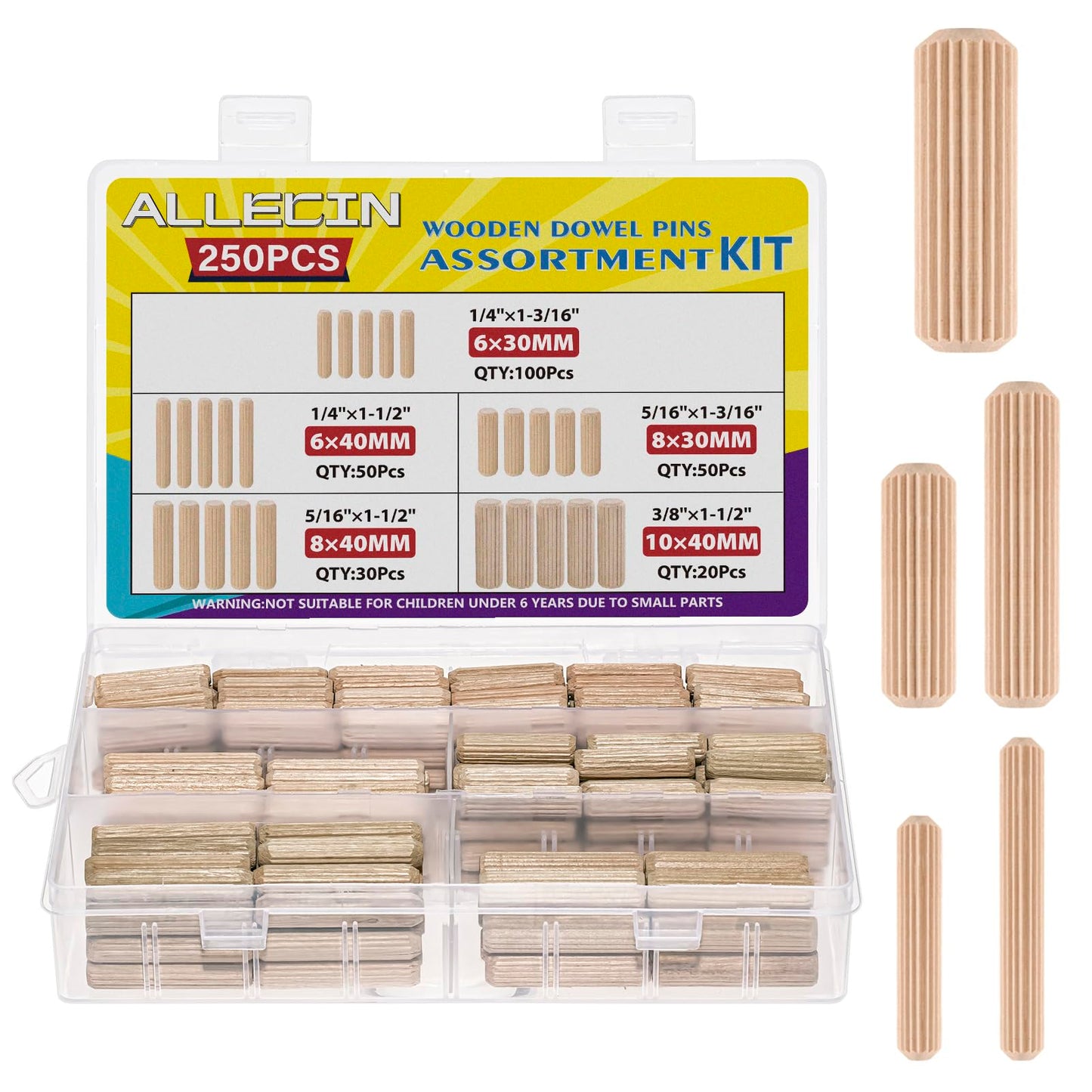 ALLECIN 5 Sizes 250Pcs Wooden Dowel Pins Kit 1/4 3/8 5/16 Inch Small Fluted Wood Dowels Pegs Hardwood Pin for Furniture Woodworking Crafts