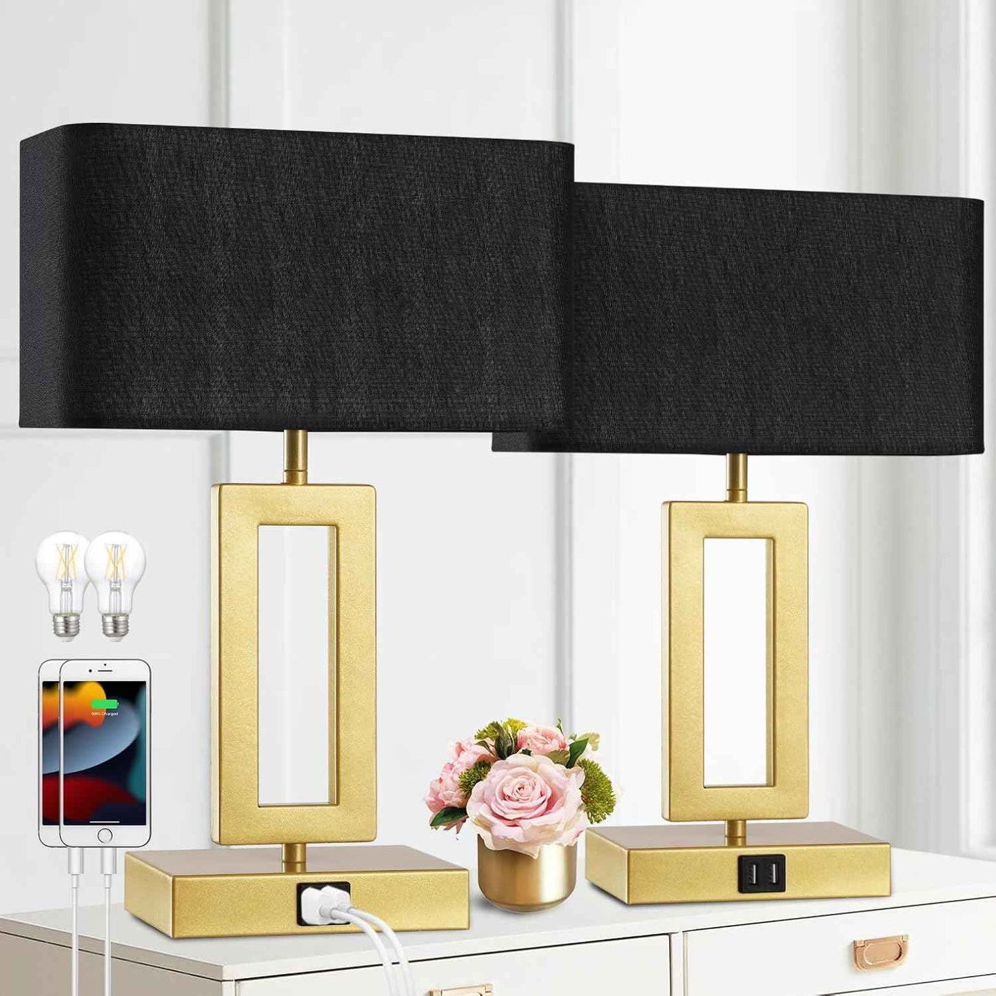 Gold Table Lamps Set of 2 - 3-Way Dimmable Touch Control with USB Ports, 22” Modern Design for Bedroom & Living Room