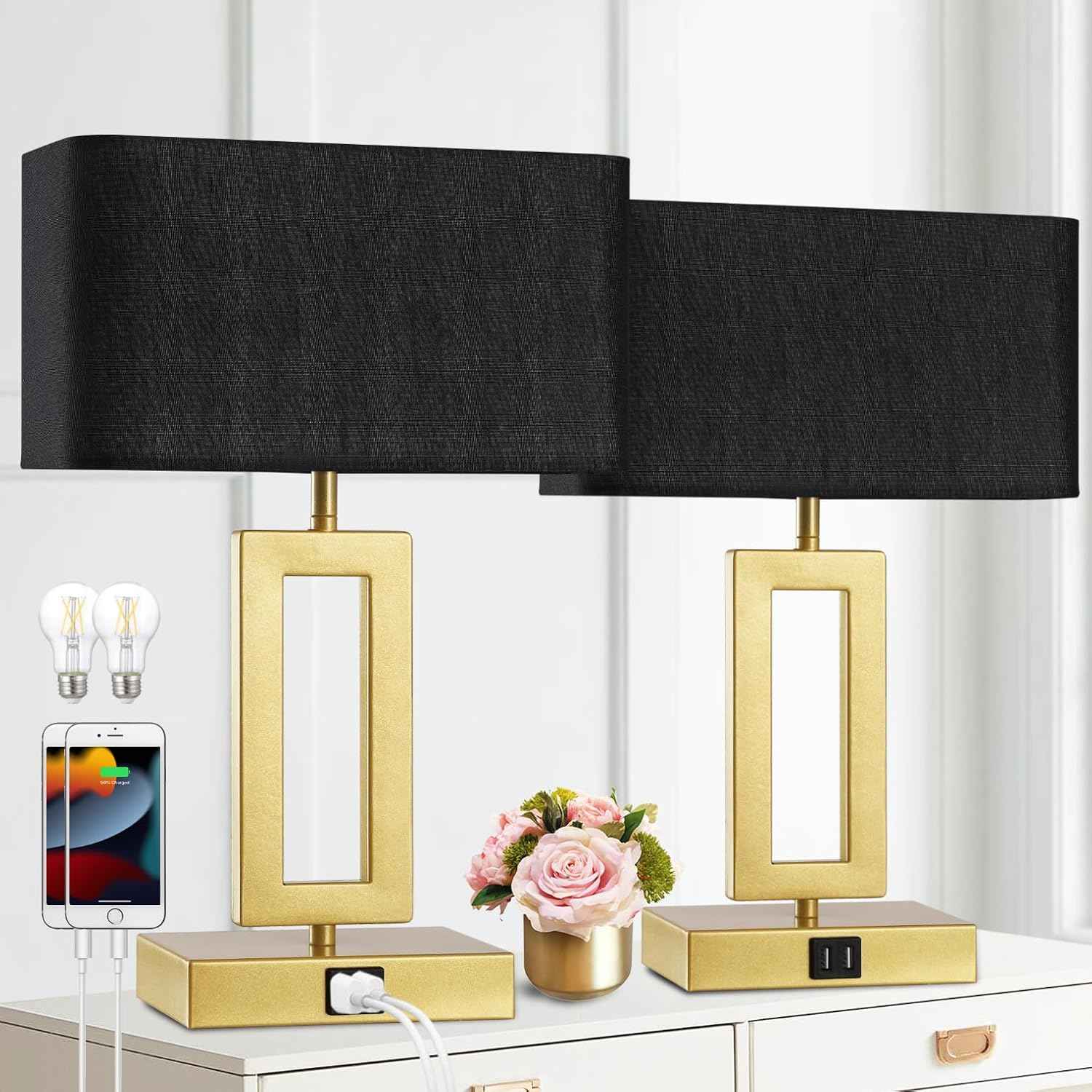 Gold Table Lamps Set of 2 - 3-Way Dimmable Touch Control with USB Ports, 22” Modern Design for Bedroom & Living Room