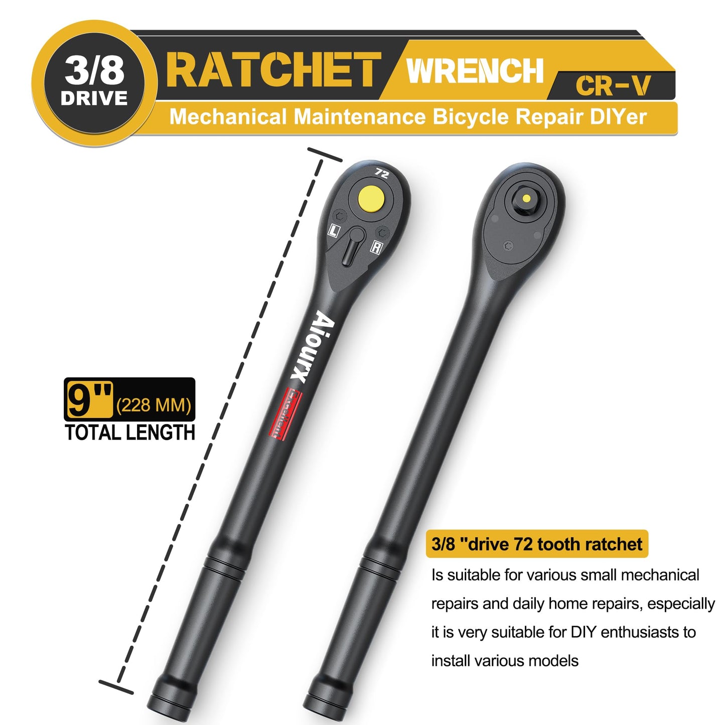 Aiourx 3/8" Drive Ratchet, 72-Tooth Ratchet Handle, 9 Inch Quick Release Reversible Ratchet Wrench, CR-V Steel, Mechanical Maintenance, Automobile and Motorcycle Repair