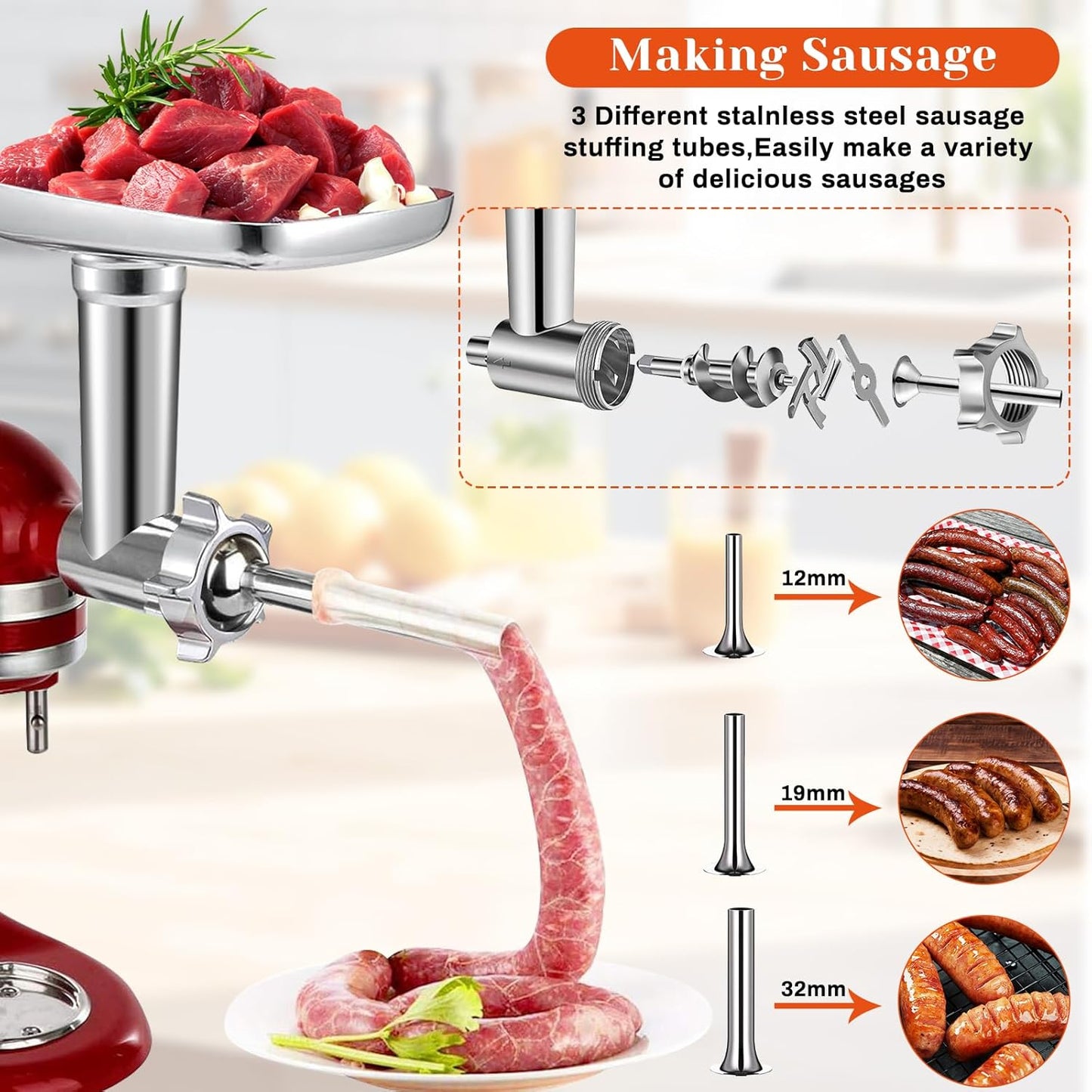KitchenAid Meat Grinder & Cheese Grater Attachment Set - 4 Plates, 3 Sausage Tubes, Shredder & Burger Press