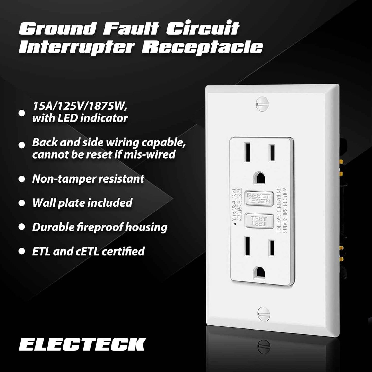 GFCI Outlets 10 Pack - 15 Amp Decor Receptacles with LED Indicator & Wallplate