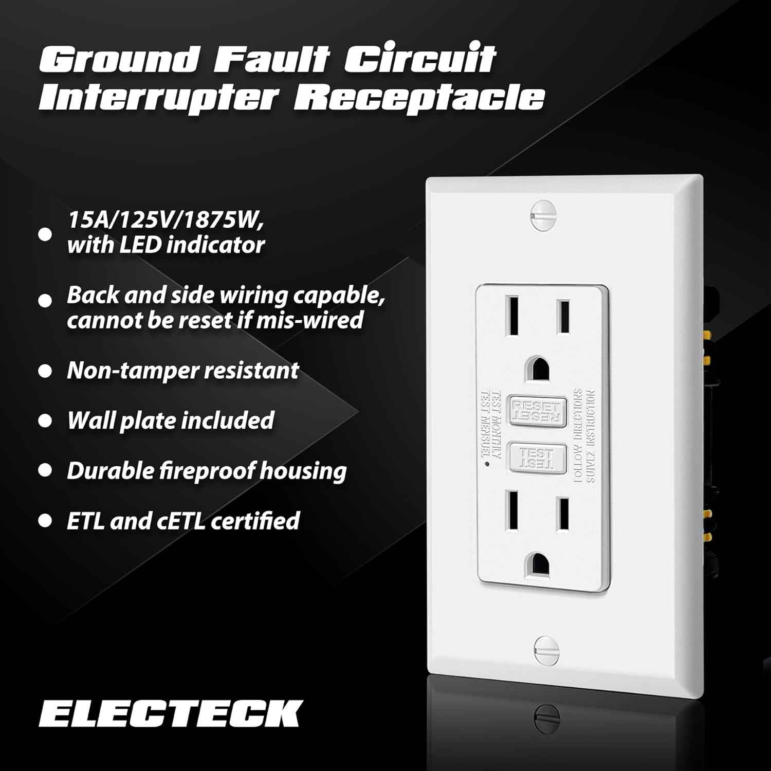 GFCI Outlets 10 Pack - 15 Amp Decor Receptacles with LED Indicator & Wallplate