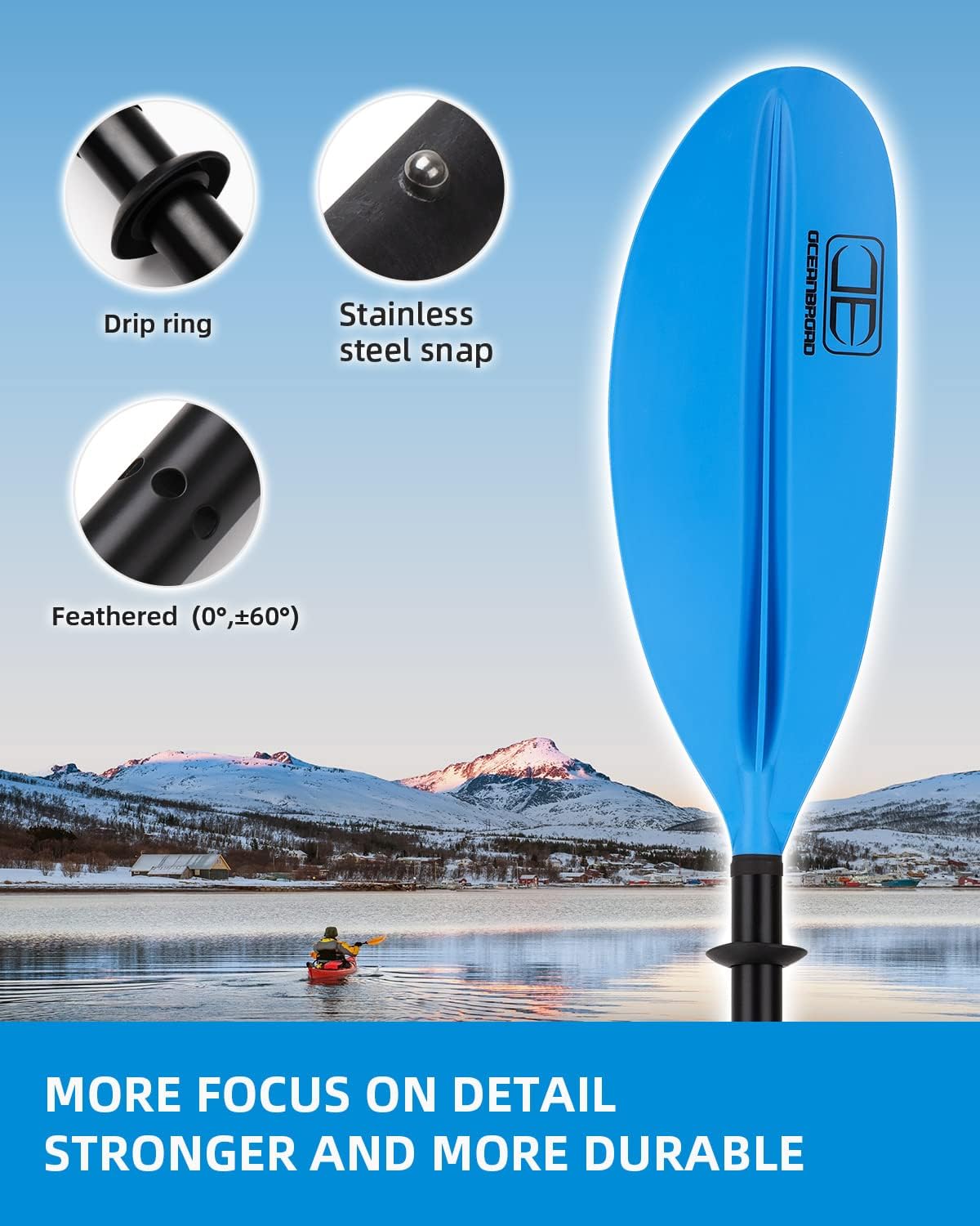 OCEANBROAD Kayak Paddle - Lightweight Alloy Shaft with Paddle Leash | Available in 86in, 90.5in, 95in