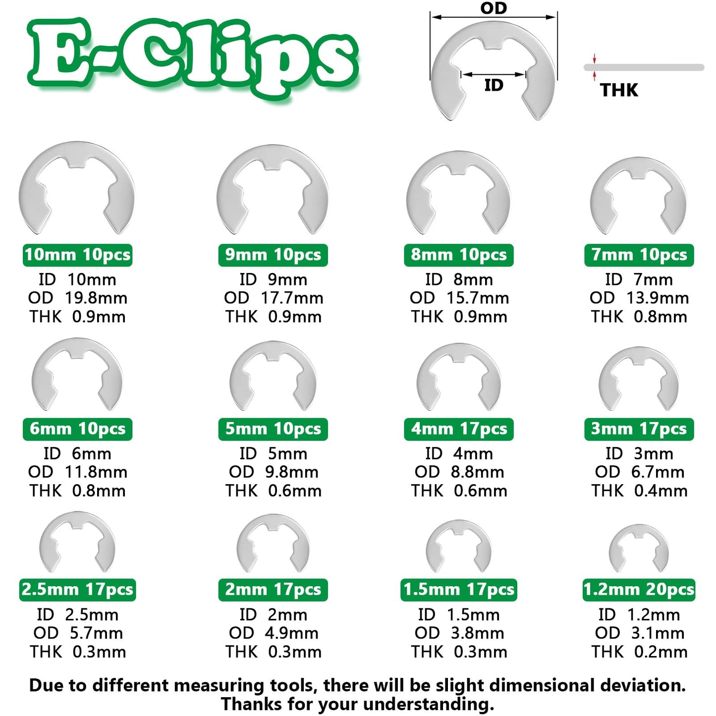 Aienxn 330PCS 304 Stainless Steel Snap Rings Assortment Kit, E Clips Assortment Kit (1.2MM-10MM) and C Clips Assortment Kit (3MM-14MM), 24 Sizes External Retaining Rings Circlip Snap Ring Kit