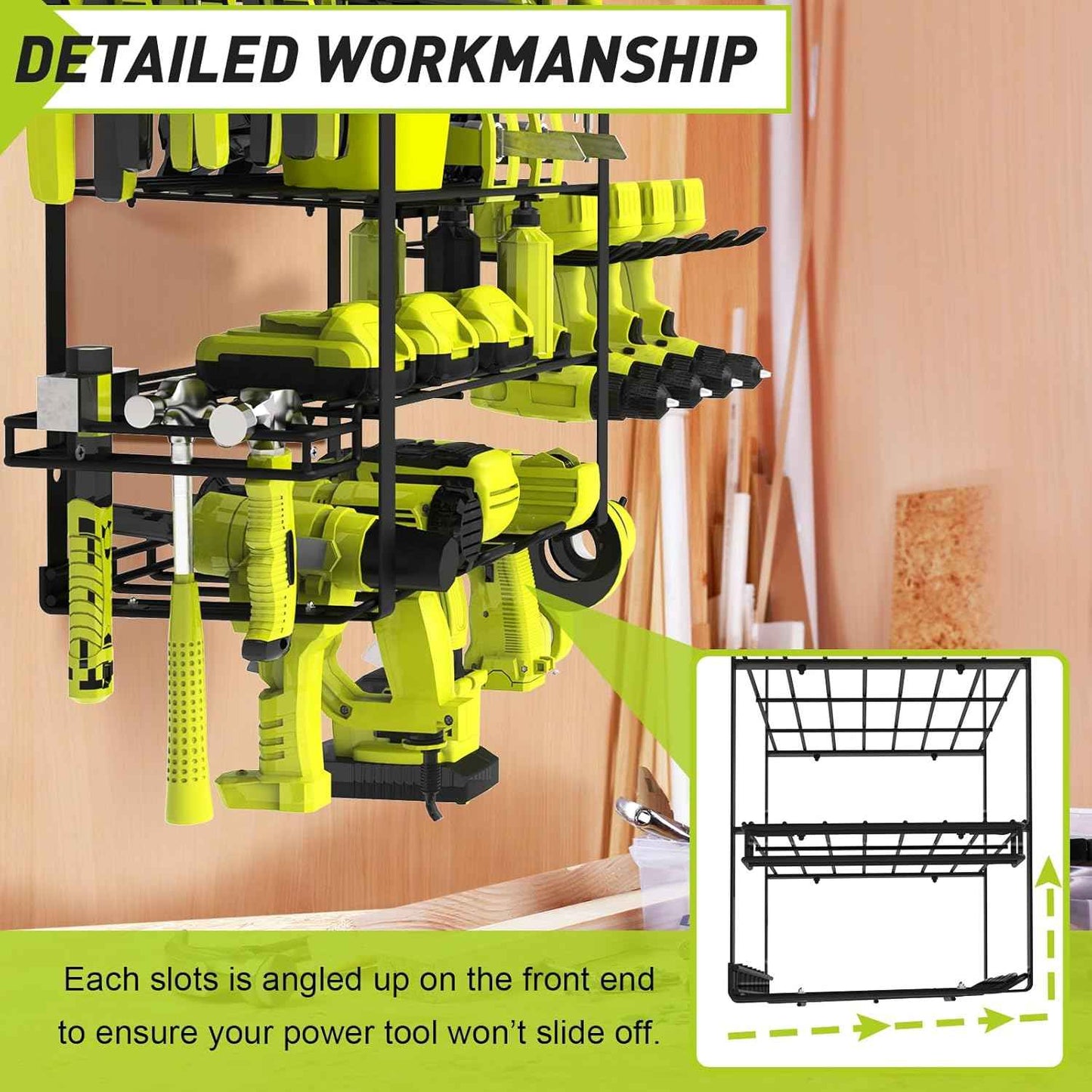 Heavy-Duty Wall-Mount Power Tool Organizer - 3 Extra Large Layers, 300lbs Capacity, 8 Cordless Drill Holders for Garage & Workshop