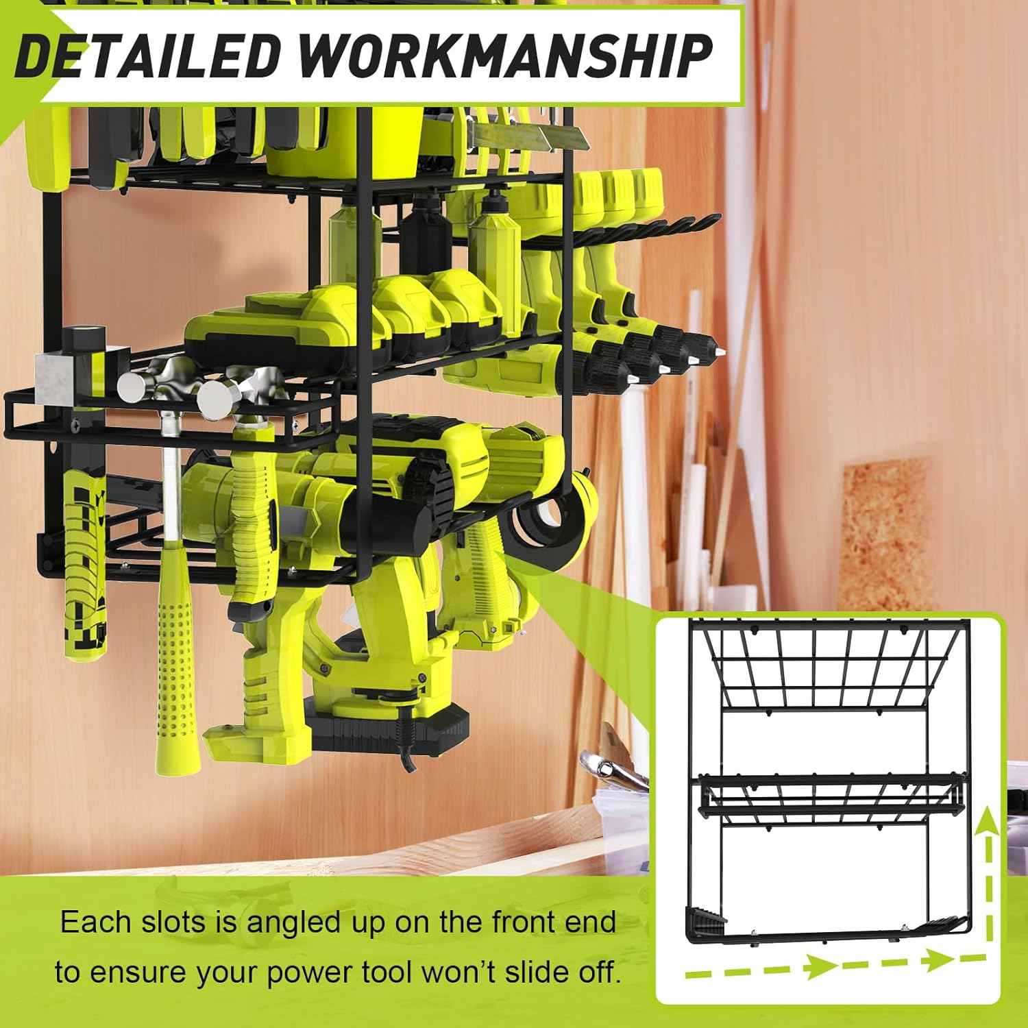 Heavy-Duty Wall-Mount Power Tool Organizer - 3 Extra Large Layers, 300lbs Capacity, 8 Cordless Drill Holders for Garage & Workshop