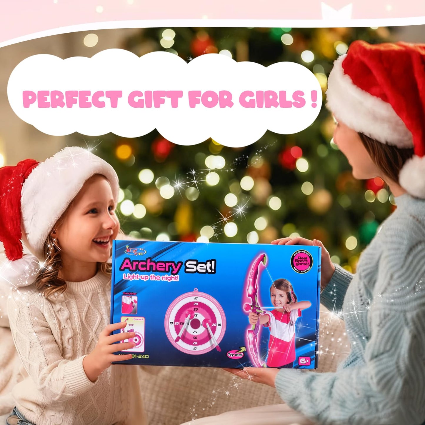 OWNONE 1 Pink Bow and Arrow Set for Girls, LED Light Up Archery Set with 10 Suction Cup Arrows, Target, Fairy Wings & Princess Crown, Birthday Gift Outdoor Toys for Kids Girls Ages 3-12