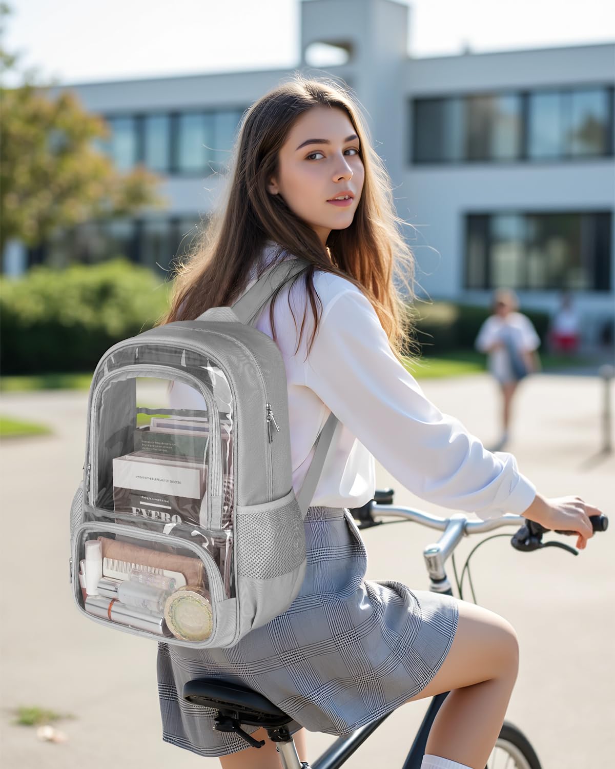 KIMNERPU Clear Backpack, Fabric & PVC Transparent Backpack with Reinforced Strap for Women Men, Heavy Duty Transparent Bookbag, Large Capacity Clear Bag, Travel, X-Large Grey