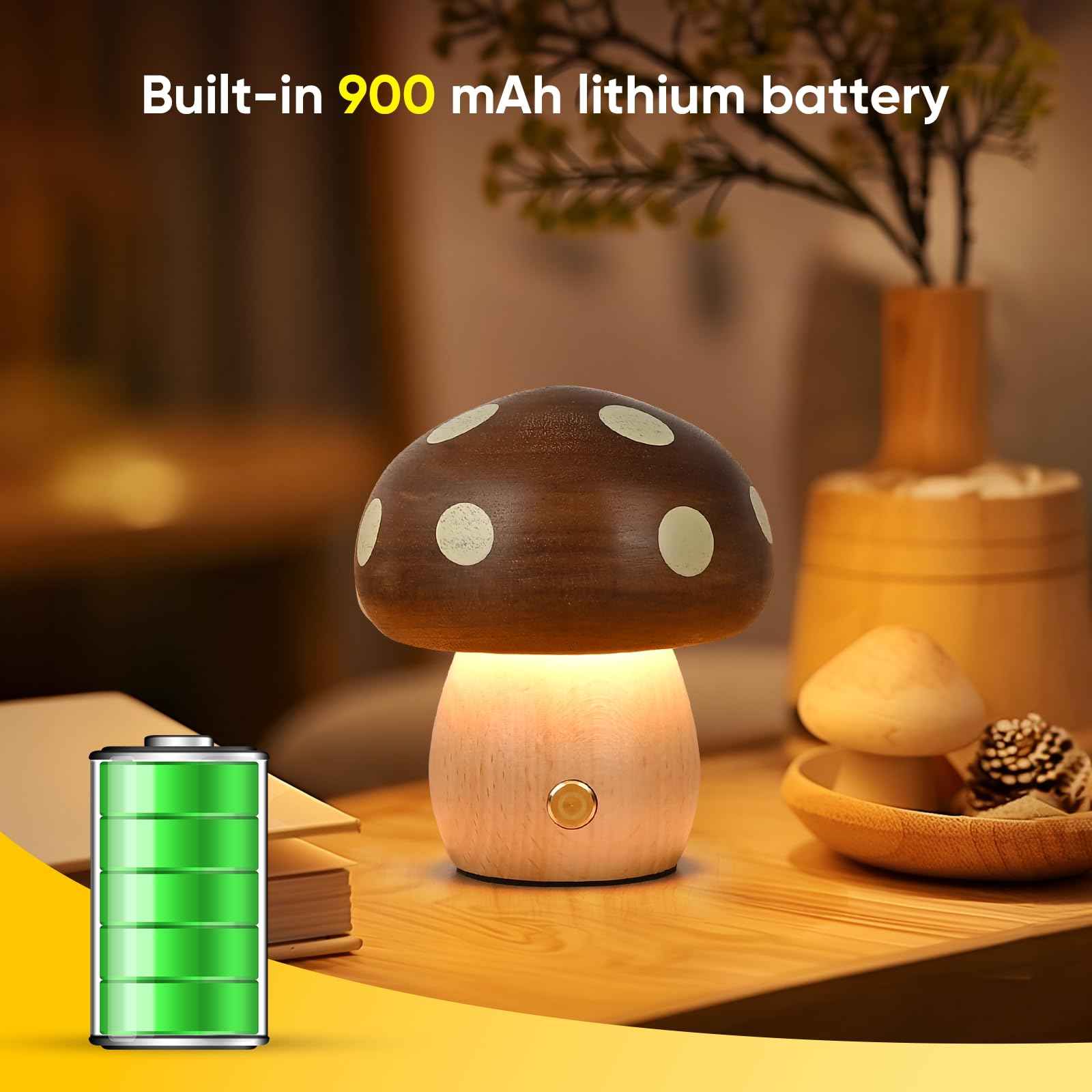 LONRISWAY LED Wooden Mushroom Lamp, Rechargeable Battery Operated Portable Cordless Touch Switch Small Lamp, Stepless Dimming Night Light for Birthday Gifts