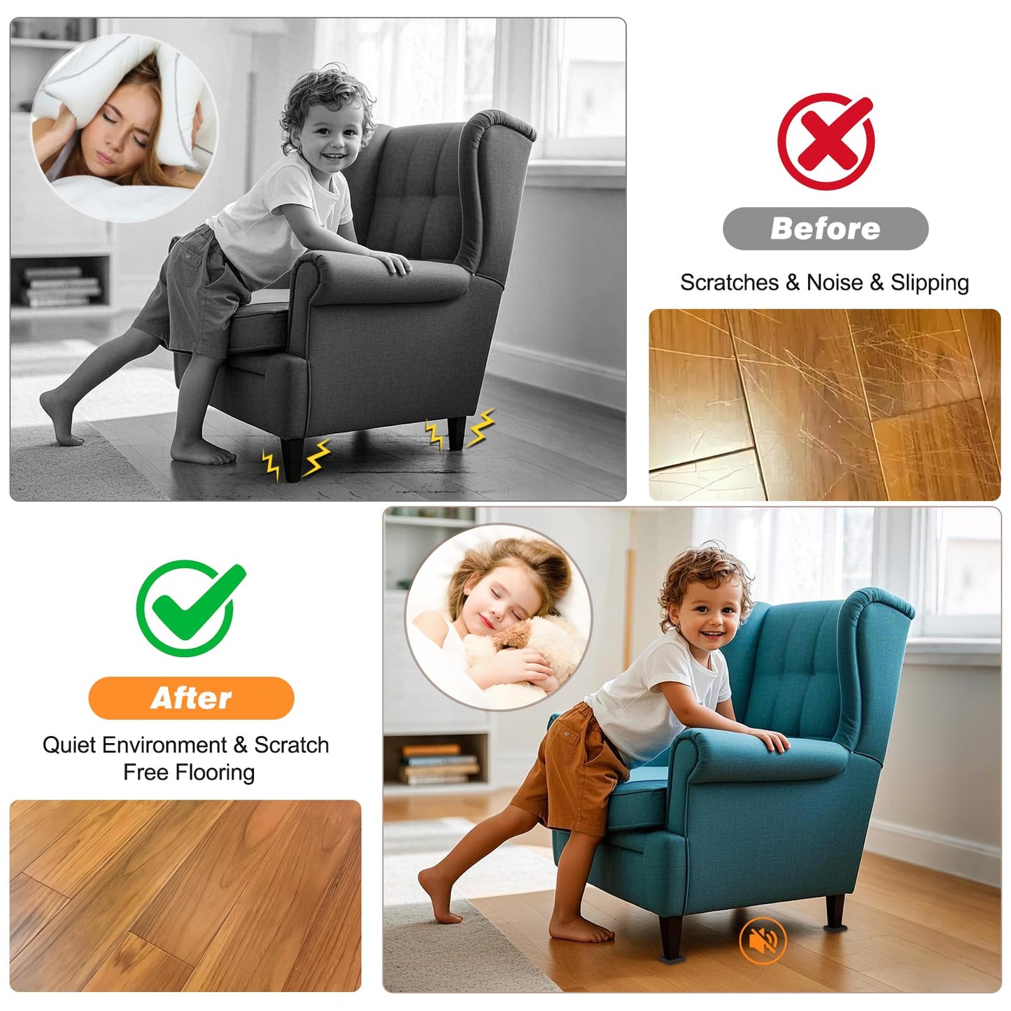 xxxHOLIC Non Slip Furniture Pads for Hardwood Floors, 4 * 4 Inch Black, Set of 4, Rubber Bed Stoppers to Prevent Sliding, Furniture Coasters for Protecting Floors from Scratches and Reduce Noise