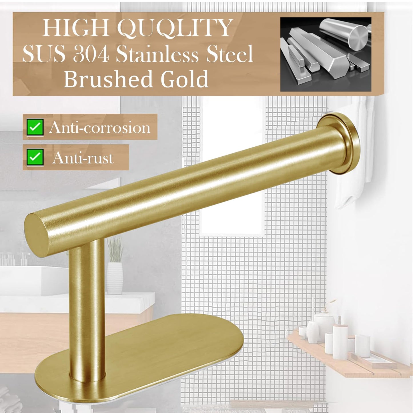 JOPOFI Toilet Paper Holder - Self Adhesive Toilet Paper Holder Wall Mount for Bathroom, SUS 304 Stainless Steel Command Strip Toilet Paper Roll Holder Stick On Wall, No Drilling - Brushed Gold