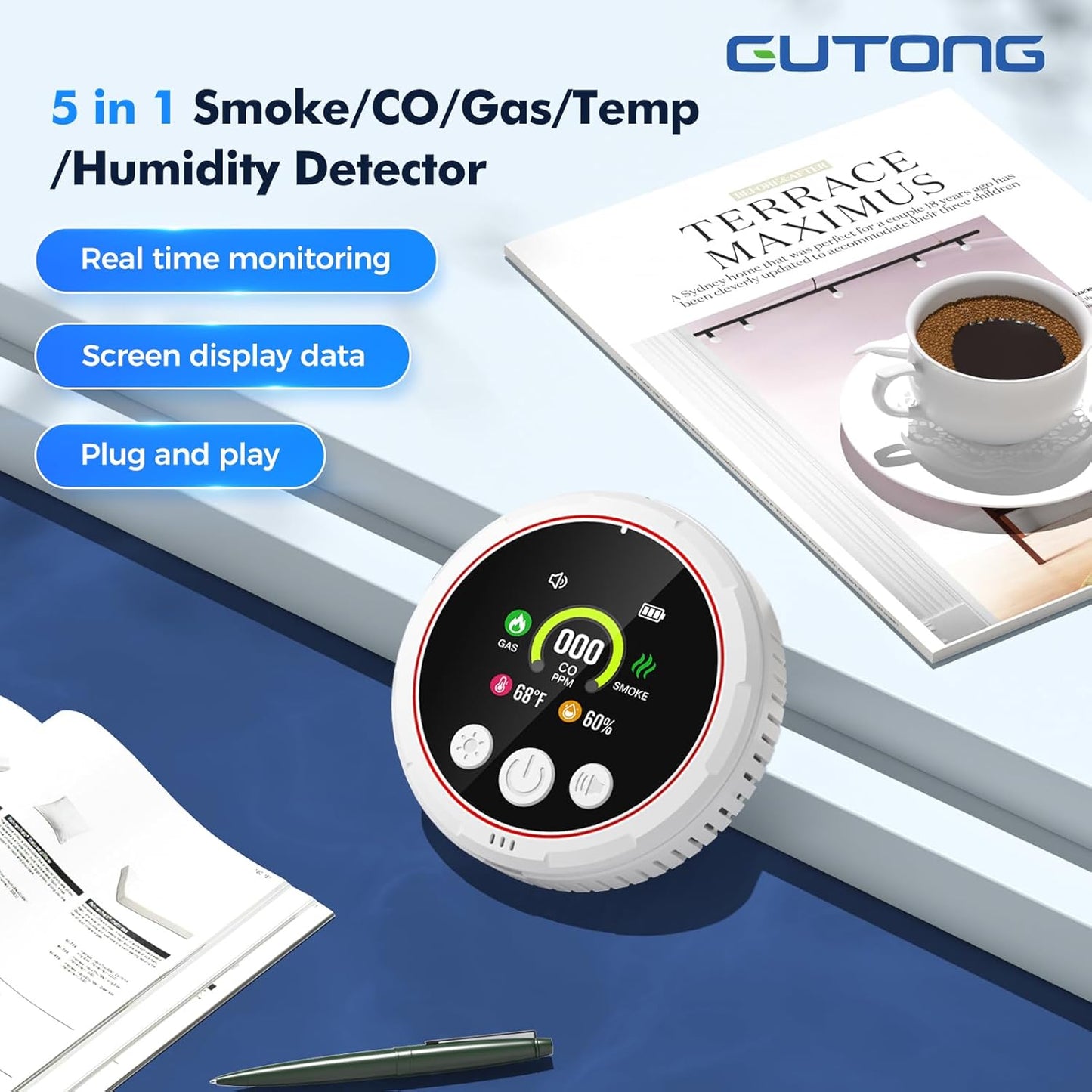 5-in-1 Carbon Monoxide, Smoke & Gas Detector with Battery Backup - HD Digital Screen for Home Safety