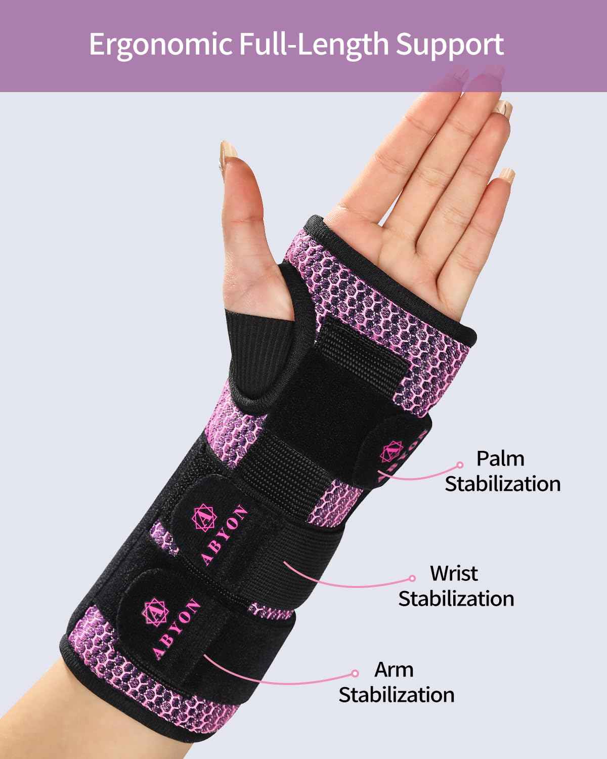 ABYON Carpal Tunnel Wrist Brace Night Support – Wrist Splint for Pain Relief, Tendonitis, Arthritis, Sprains – Lightweight, Breathable Padded Hand Brace for Men & Women,Right Hand (Large, Black/Pink)