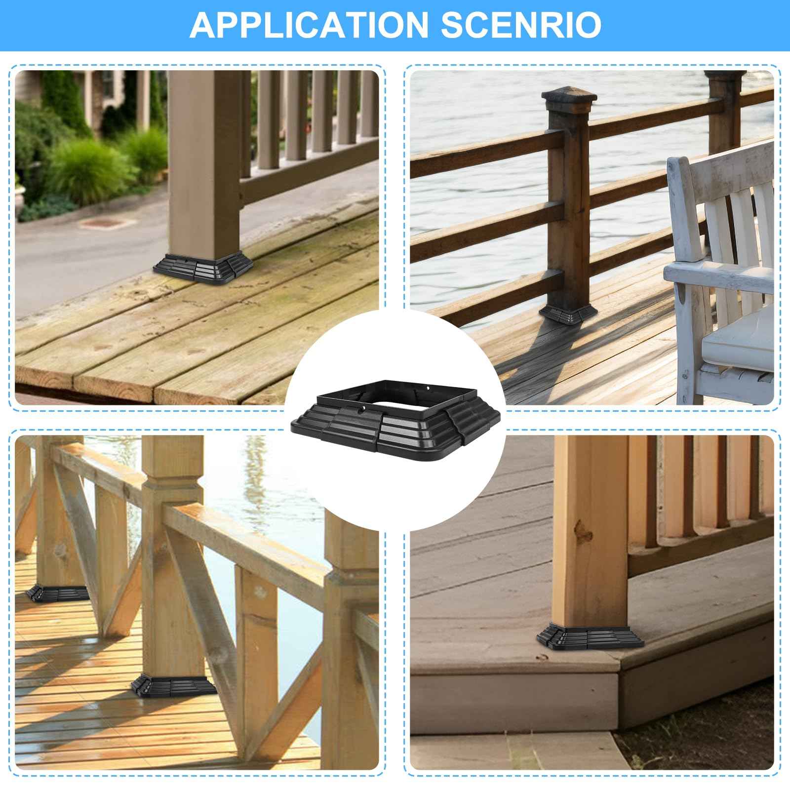 6 Pack 4 x 4 (3.5 inch x 3.5 inch) Vinyl Post Skirt Post Base Cover Column Wraps for Wood Hand Stair Rails and Porch Deck Post Base Black Post Trim