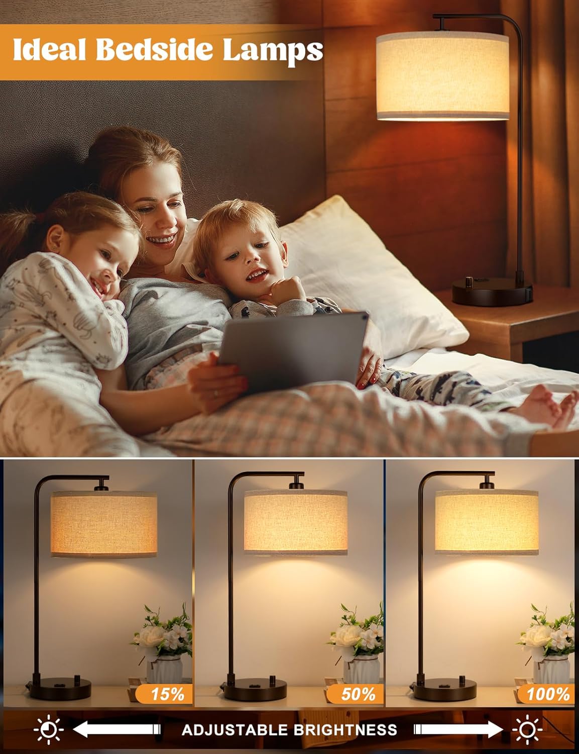 Dimmable Tall Table Lamp with USB Port & Outlet - Linen Shade Bedside Desk Lamp for Bedroom, Living Room, Home Office
