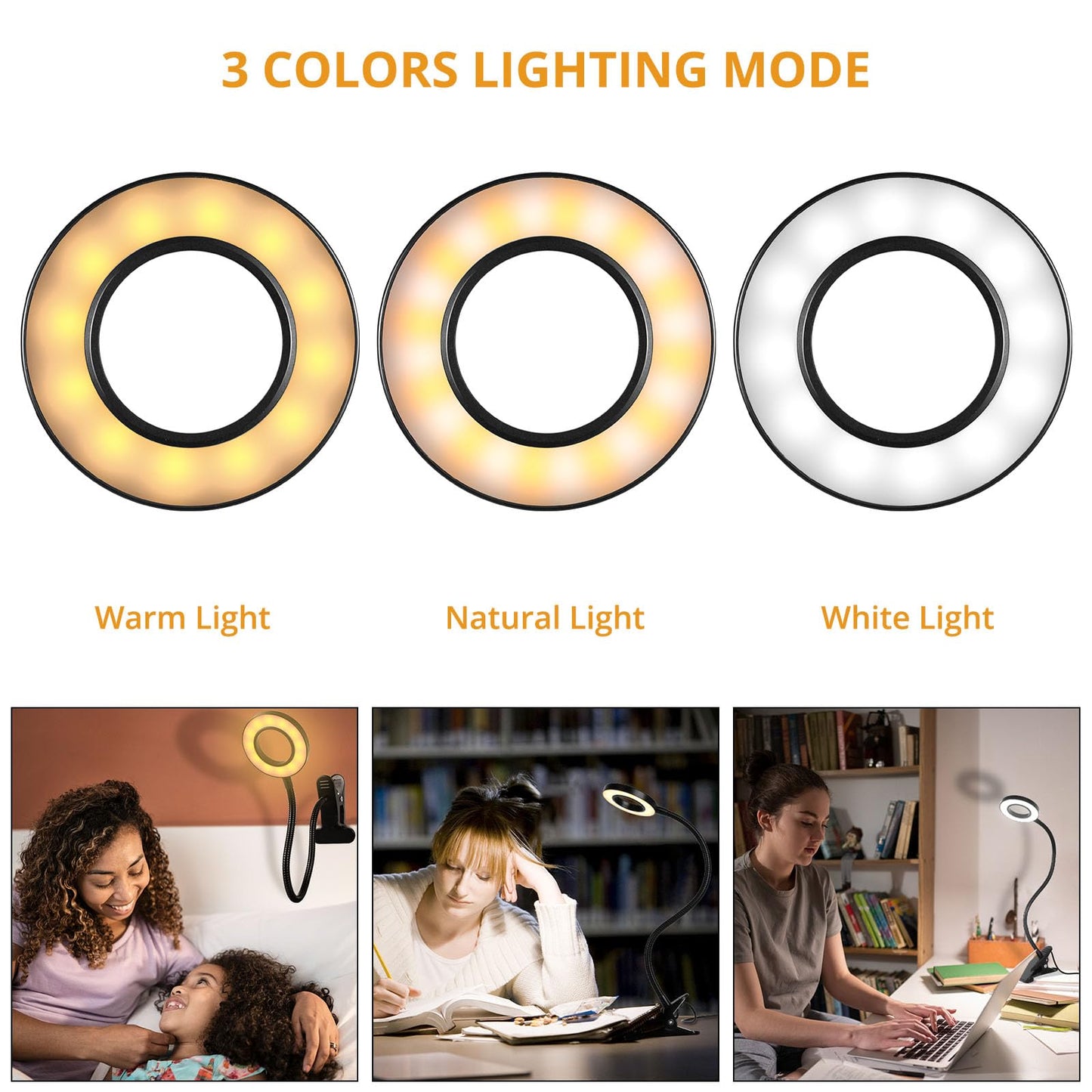 Woputne Desk Clip on Lamp for Reading Home Office, 10 Dimmable Brightness 3 Modes, Clamp Light for Bed Headboard