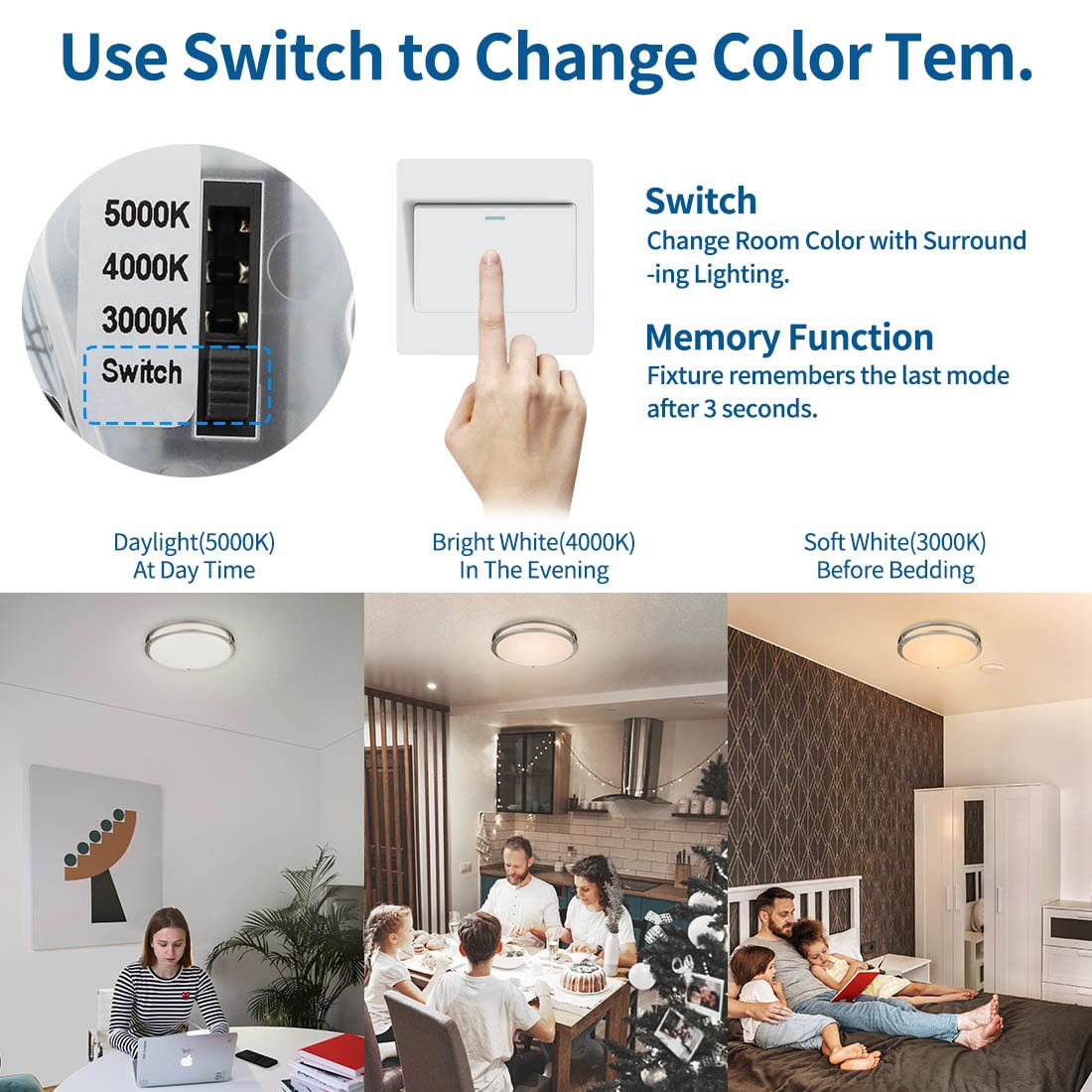 DAKASON 2Pack LED Flush Mount Ceiling Light Fixture 16In 30W 2400lm, On/Off Switch to Select 3000K/4000K/5000K, Dimmable Ceiling Lamp for Kitchen, Hallway, Stairwell, Bathroom, Closet, Brushed Nickel