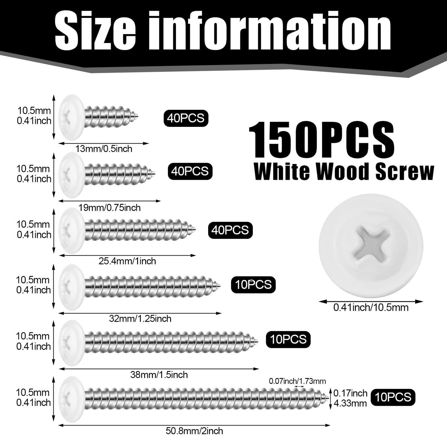 150PCS White Head Screws #8 Wood Screws for 3.6mm-3.8mm Holes,1/2”, 3/4”, 1”,1-1/4”, 1-1/2”, 2” Size White Pan Cabinet Screws for Wood, Shutters,Book Shelf,Wall Plate,Shiplap,Blank Plates