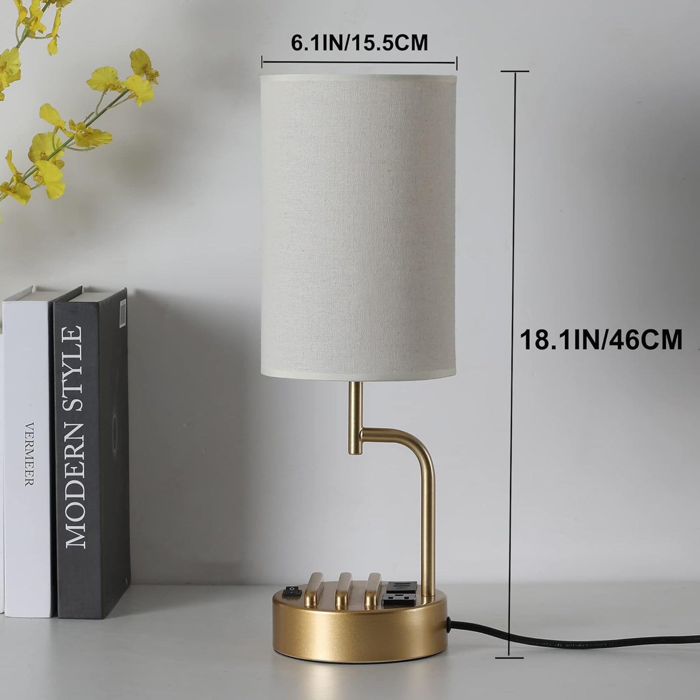 Modern Table Lamp with 3 USB Ports & AC Outlet - Set of 2 Bedside Desk Lamps in Silver