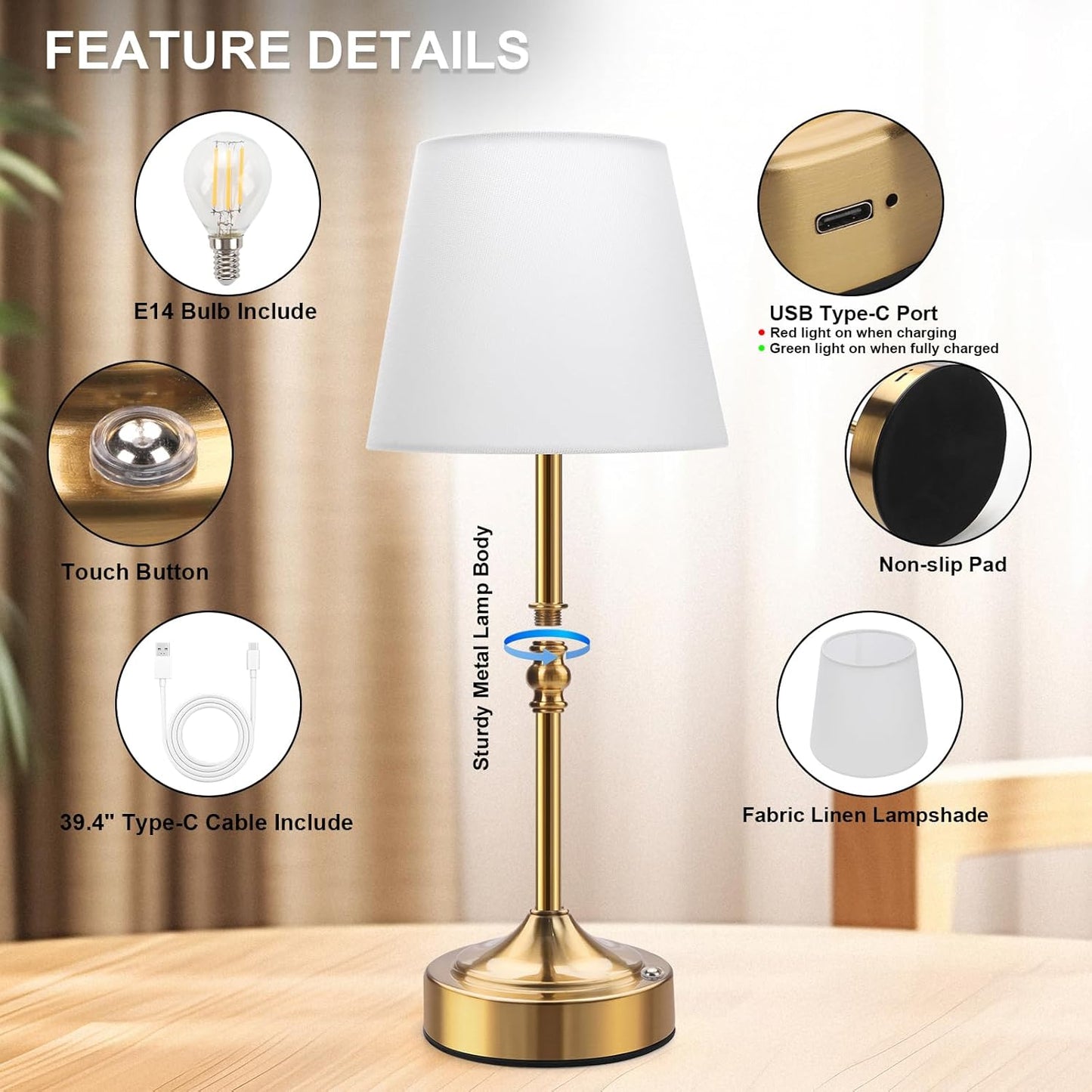 Rechargeable Cordless Touch Table Lamp - 5000mAh Battery, 3-Level Dimmable, Portable Brass Night Light for Home & Patio