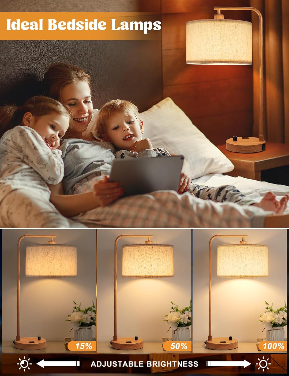 Dimmable Tall Table Lamp with USB Port & Outlet - Linen Shade Bedside Desk Lamp for Bedroom, Living Room, Home Office