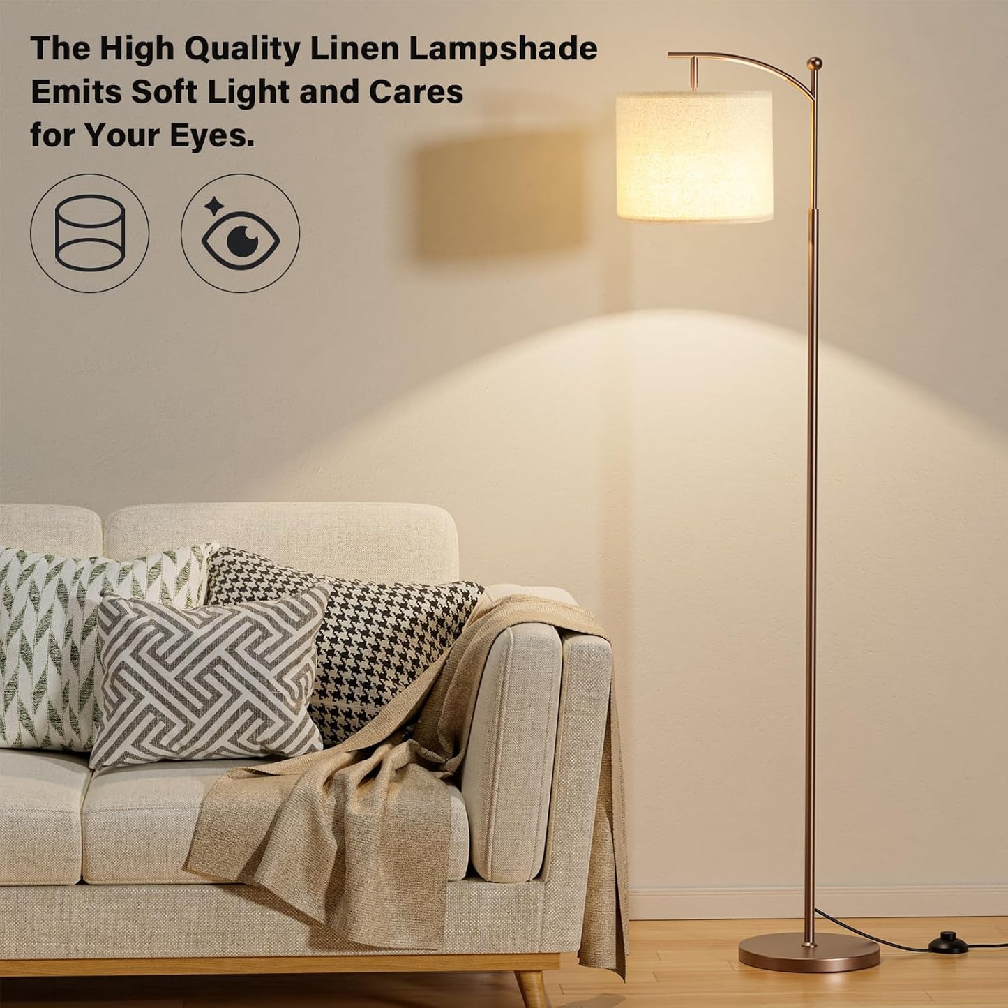Modern 60" Floor Lamp with Remote Control & Dimmable LED Bulb - Beige Shade, Adjustable Brightness for Living Room