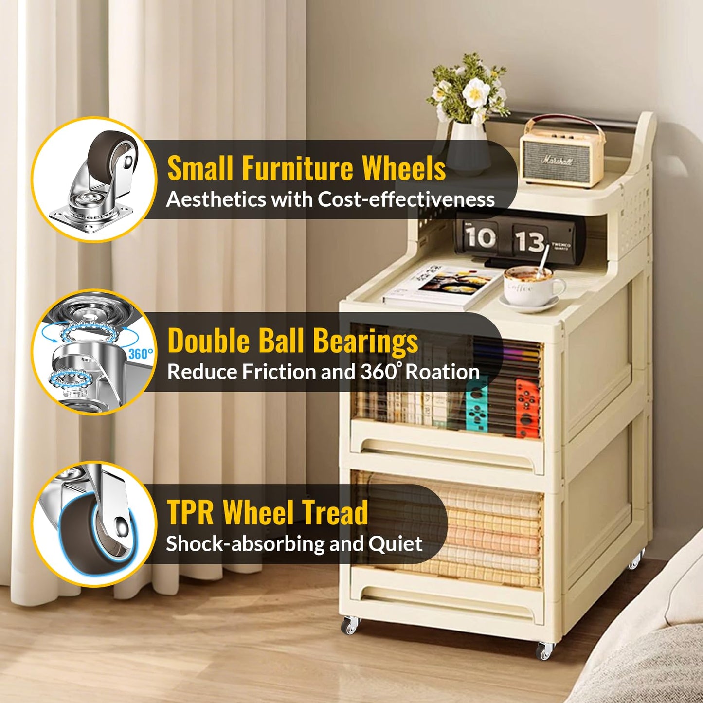 HOLKIE Caster Wheels 1.5 inch, Heavy Duty Furniture Casters Set of 4, Rubber Castors No Noise, Ball Bearing Swive Castor Wheels for Furniture Holding 200 LBS,Made for Desk,Night Stand,Shoe Rack