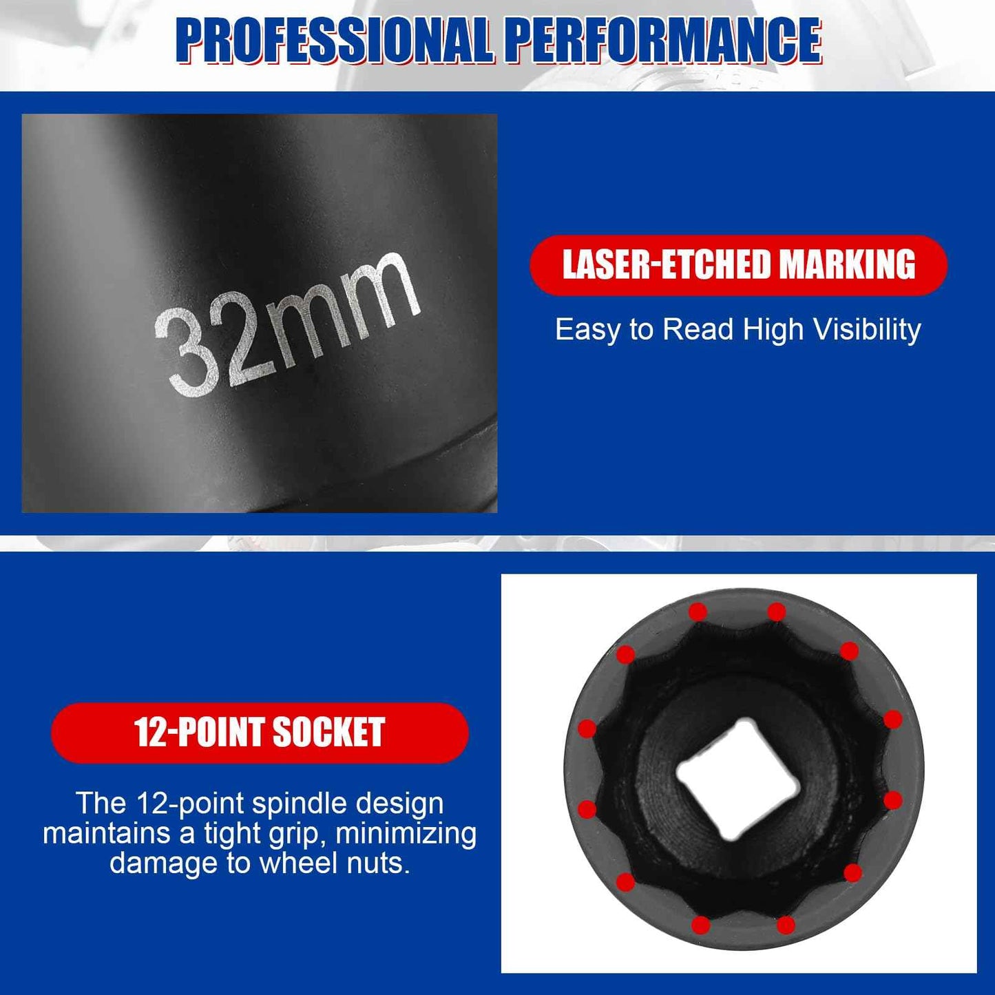 NYXOVA 1/2" Drive Deep Spindle Axle Nut Impact Socket Set, 12 Point Metric 30mm 32mm 34mm 36mm Drive Spindle Axle Hub Nut Socket Set, CR-MO, 4-Piece 1/2" Heavy Duty Impact Socket Set