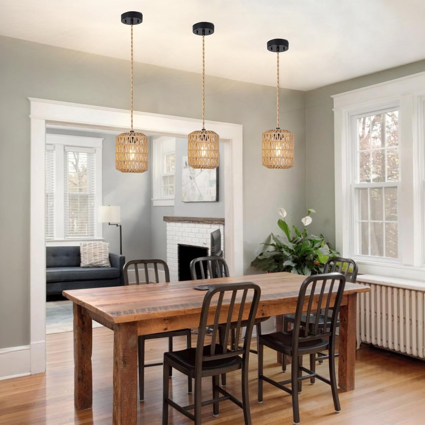 Boho Rattan Pendant Light with 3 Bulbs & 22ft Cord - Woven Hanging Chandelier for Bedroom, Kitchen, Hallway
