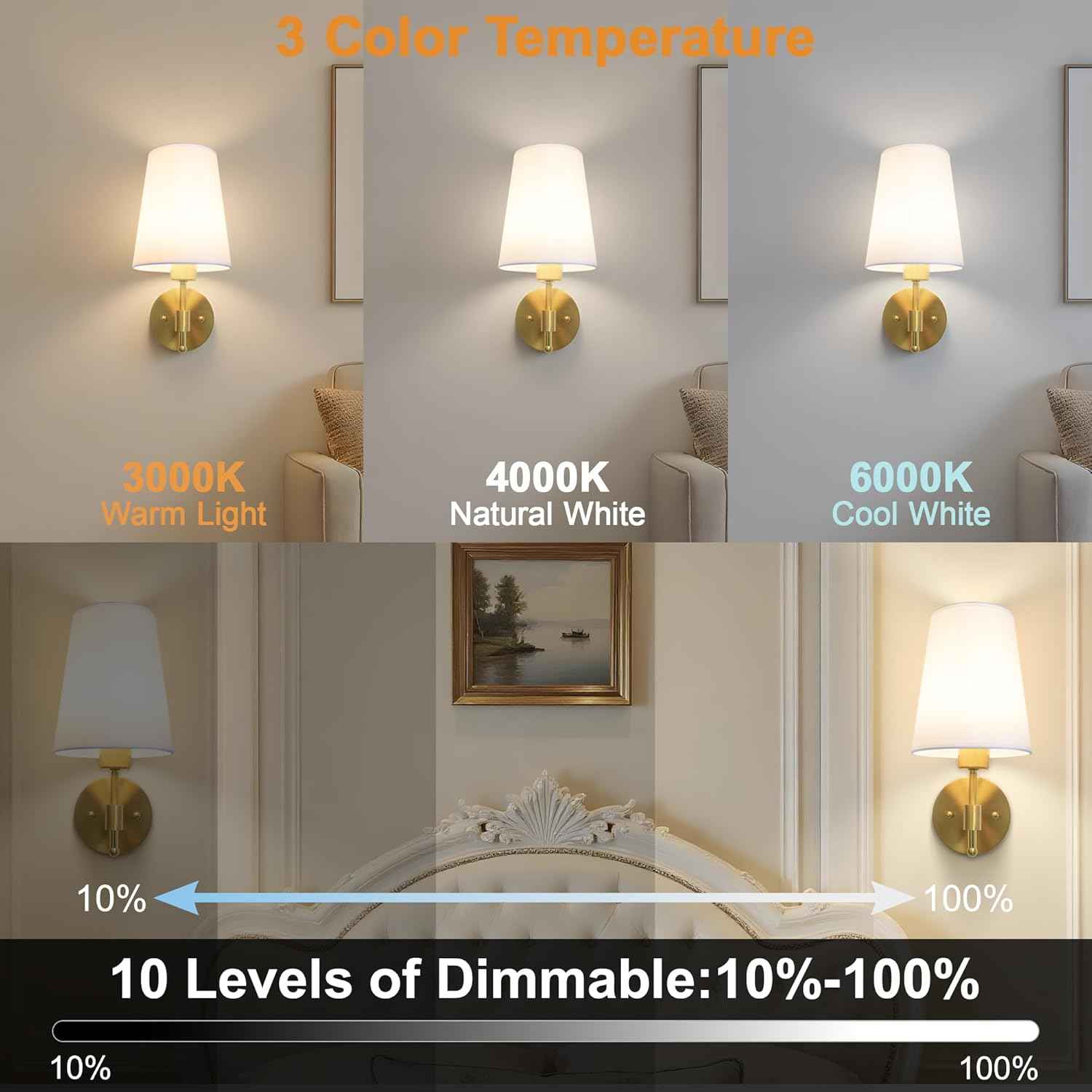 Rechargeable Gold Battery Operated Wall Sconces Set of 2 with Remote & RGB Bulbs