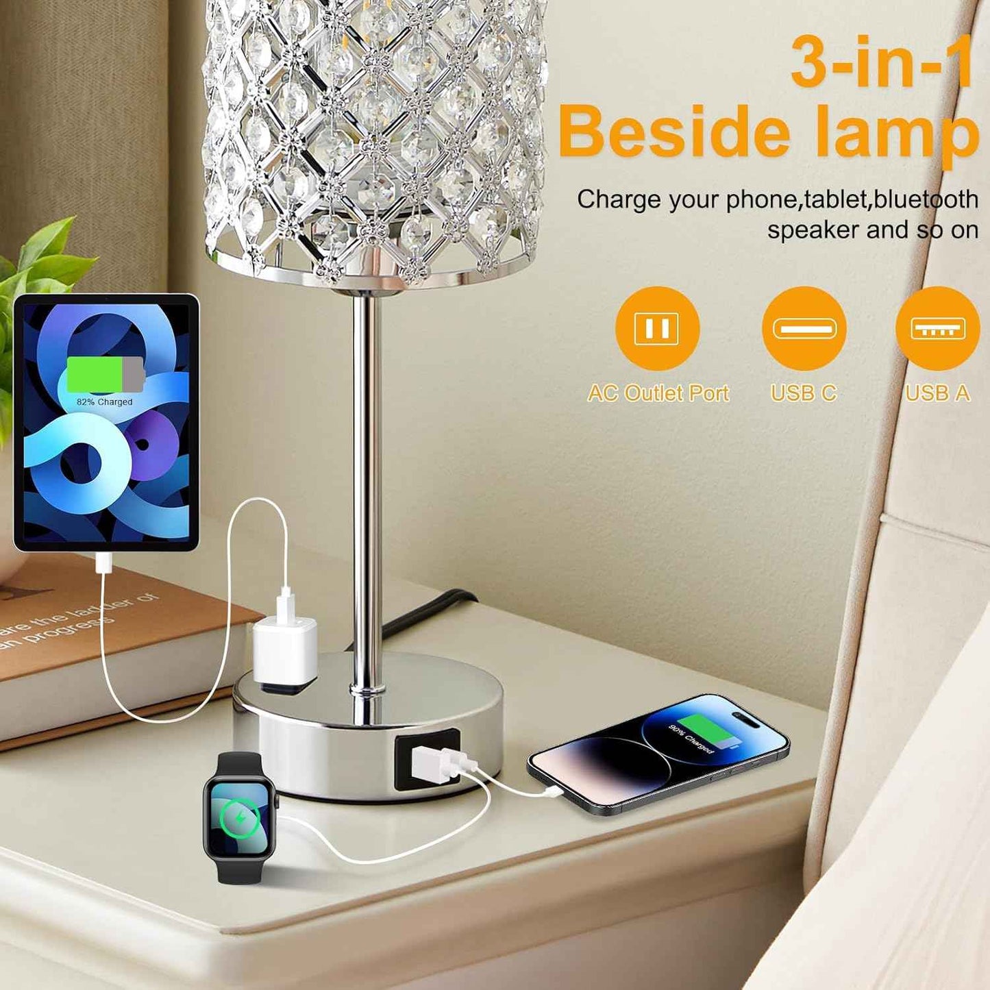 Dimmable Touch Control Crystal Table Lamp Set of 2 with USB-C & AC Ports - Elegant Nightstand Lighting for Bedroom & Living Room