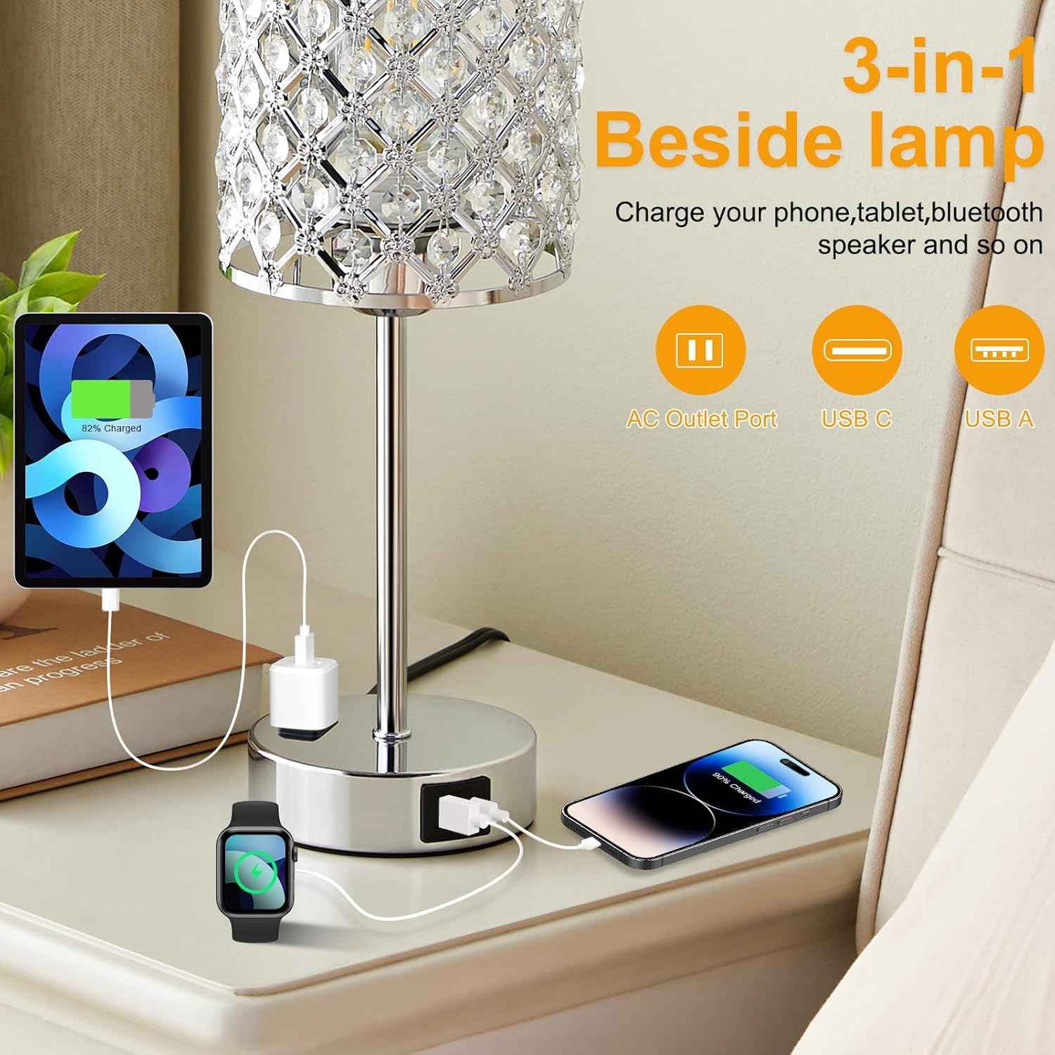 Dimmable Touch Control Crystal Table Lamp Set of 2 with USB-C & AC Ports - Elegant Nightstand Lighting for Bedroom & Living Room