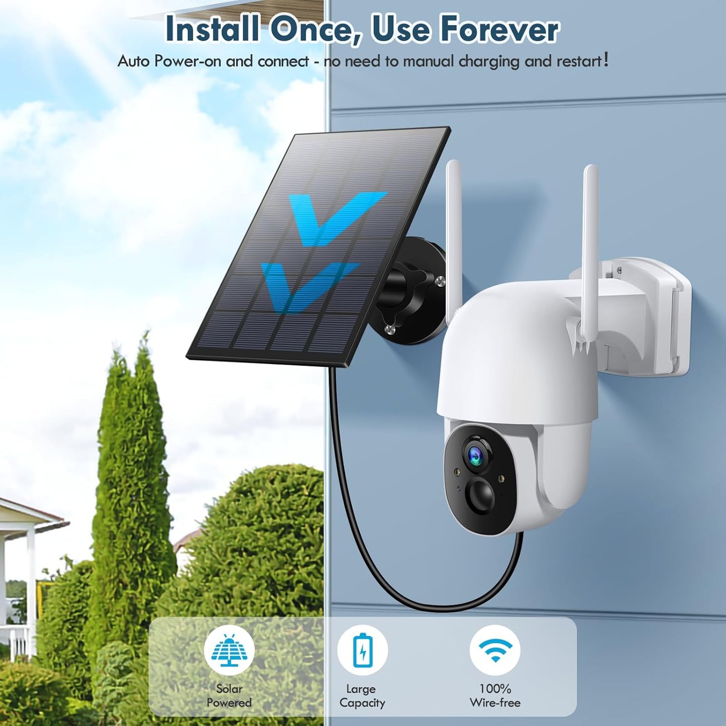 Wireless Solar Security Camera 3MP 2K FHD - 355° PTZ, Spotlight, Motion Detection, Color Night Vision