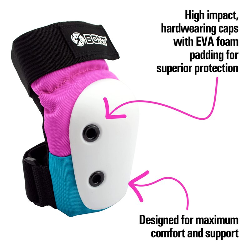 Bont Junior / Kids Skate Pads Protection Set for Inline Skate, Roller Skate, Ice Skate, Skateboard, Elbow Knee Wrist Protective Set in Black Pink and Teal (Pink/Teal, Medium)