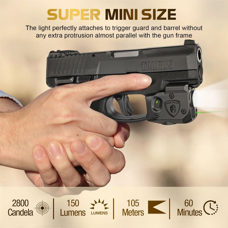 WARRIORLAND Pistol Light Laser Combo Fits Taurus G2C /G3C / G3/ PT111 G2 / PT140 G2, Compact 150-Lumen Trigger & Rail Mounted Tactical Weapon Light, Green Laser & White LED Flashlight, SLL-101G
