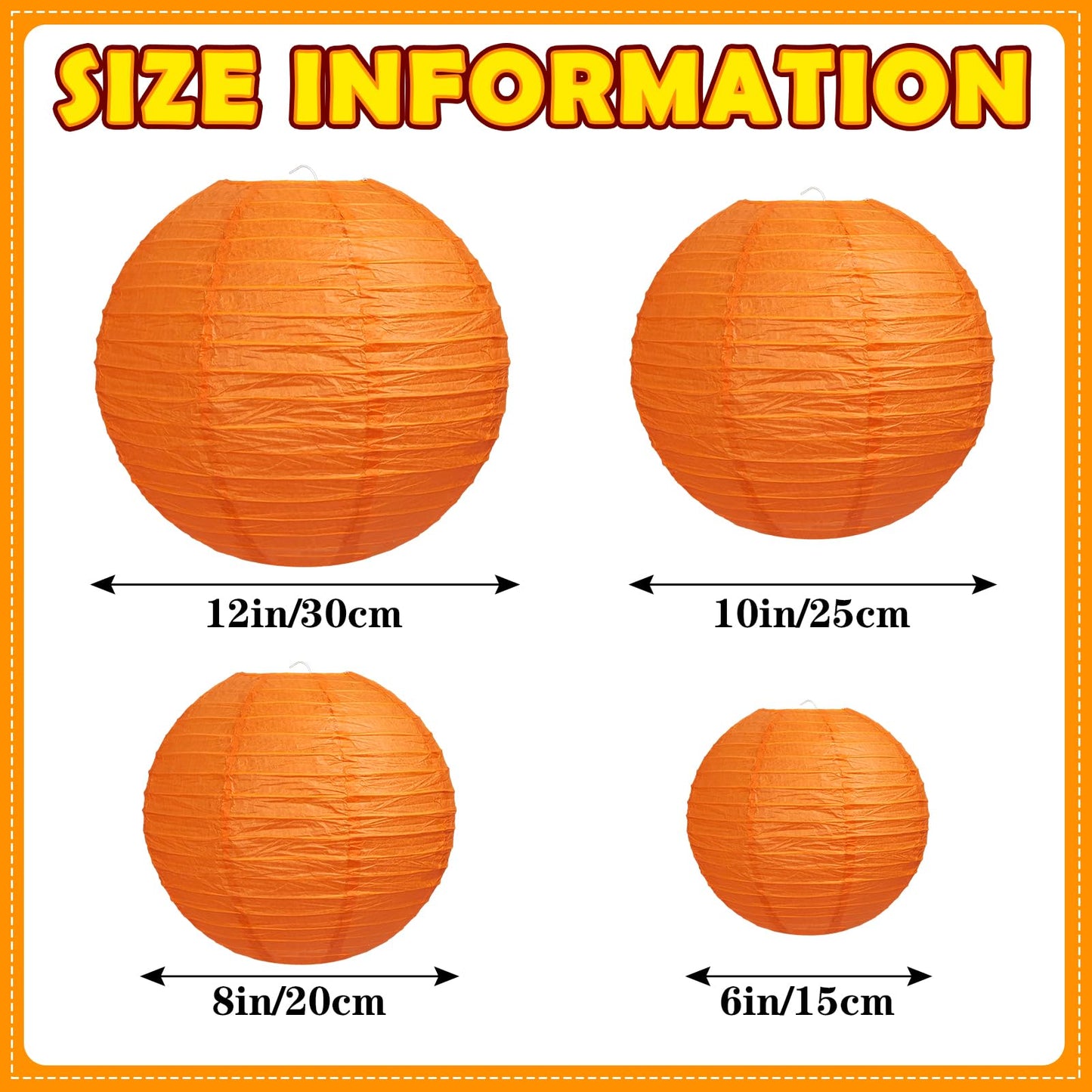 16Pcs Orange Paper Lanterns, Various Sizes (6" 8" 10" 12") Hanging Chinese Japanese Orange Paper Lanterns for Wedding Birthday Baby Shower Bridal Shower Fall Party Decorations