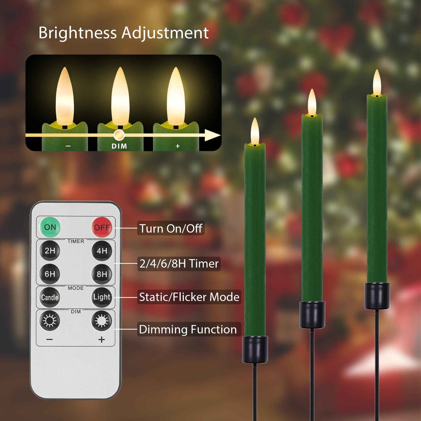 Green Flameless Taper Candles 9.6" Christmas LED Candles Real Wax with Remote Timer, Battery Operated LED Candles Set with 3D Flickering Flame, Classic Flickering Candlesticks for Home, Party, 3 Pack