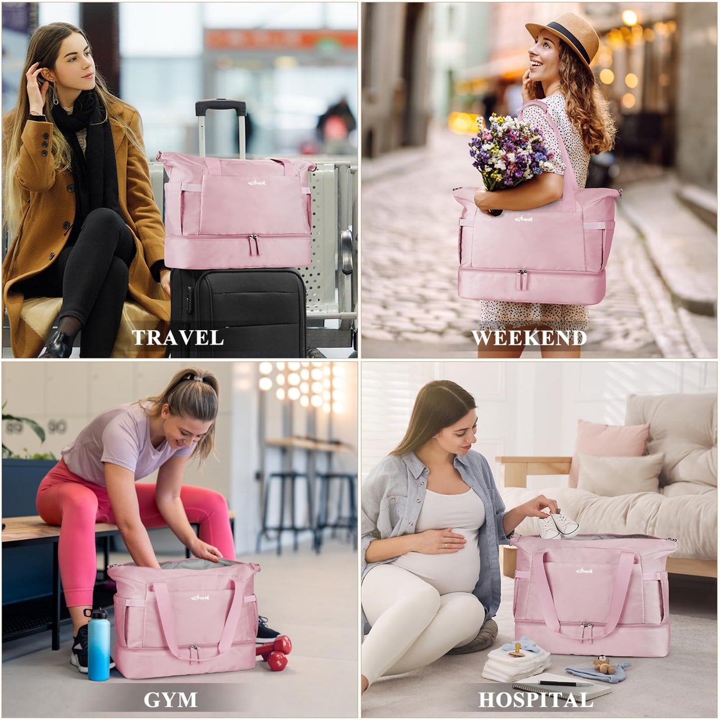 Gym Bag for Women, Personal Item Travel Bag with Shoes Compartment, Weekender Overnight Duffel Bag with Wet Pocket, Carry On Bag for Women, Travel, Gym, Weekend
