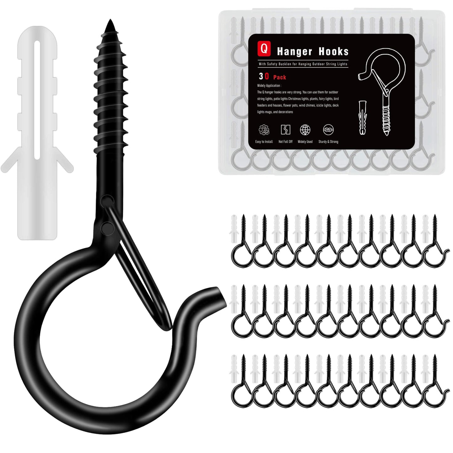 KULOLO 36 Pack Black Screw Hooks with Safety Buckle - 2.3 Inch Rustproof Eye Ceiling Hooks for Hanging Plants,Outdoor String Lights,Baskets,Christmas Lights & Decor,40lb Capacity (36, Black)