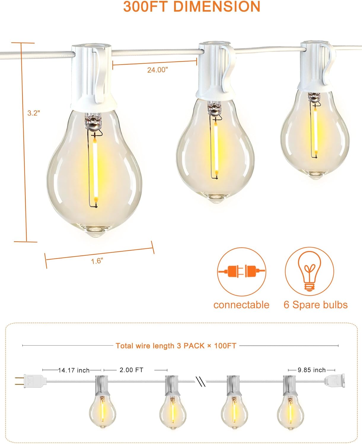200FT Waterproof LED Outdoor String Lights with 100 Shatterproof Edison Bulbs - Dimmable Patio Decor for Backyard & Garden
