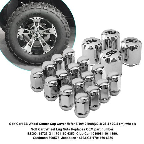 Roykaw Golf Cart Wheel Lug Nuts and Chrome SS Wheel Hub Cap Covers Kit for EZGO Club Car