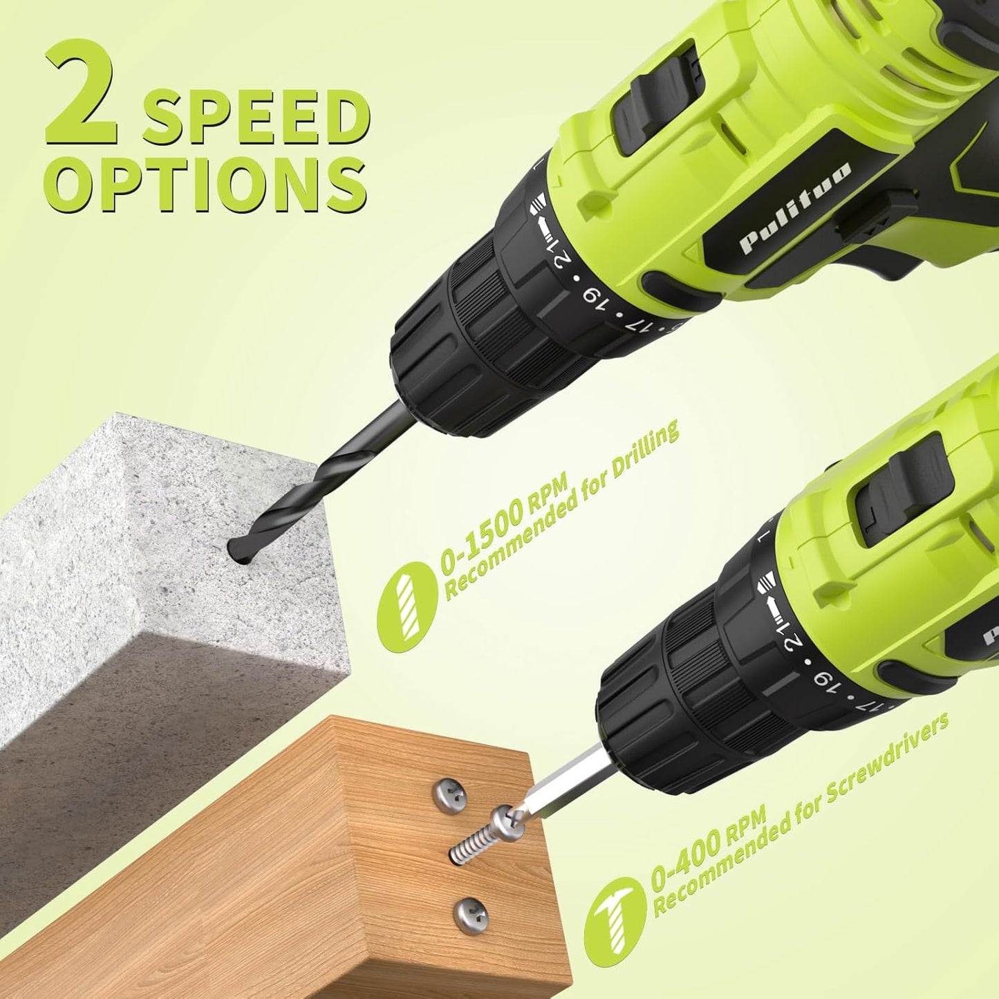 20V Cordless Drill/Driver Kit with 2 Batteries, 30Nm Torque & LED Light - PULITUO